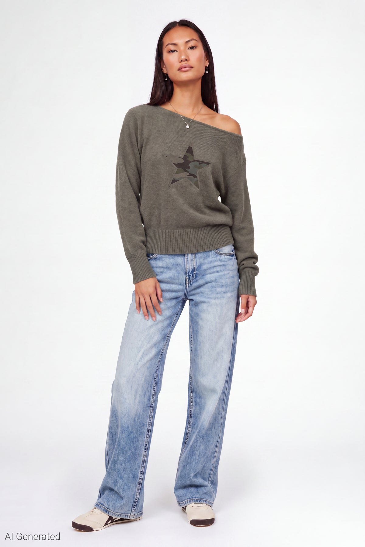 Alt View 2. Graphic Off Shoulder Knit Sweater - Dark Green