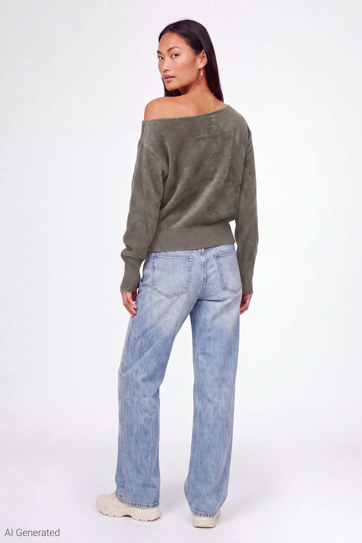 Alt View 3. Graphic Off Shoulder Knit Sweater - Dark Green