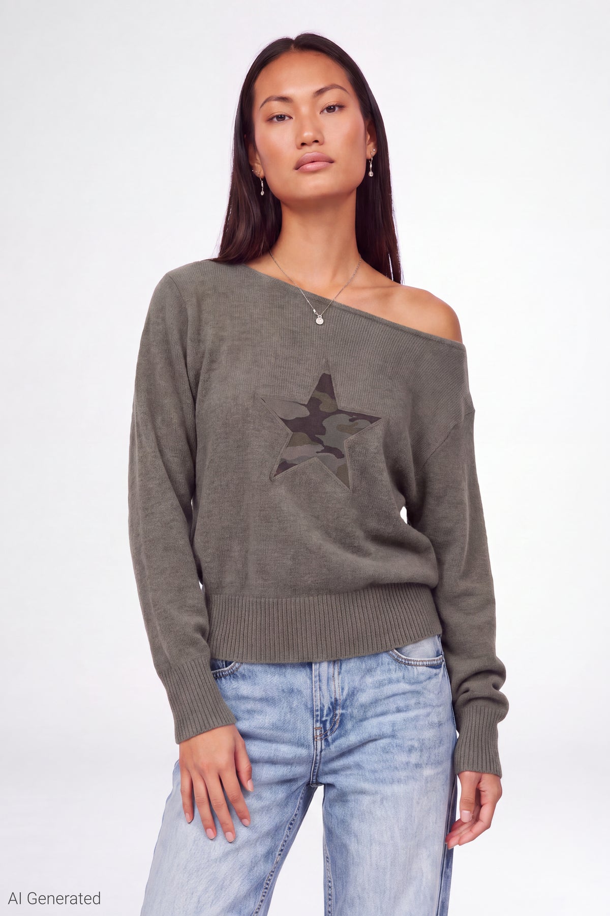Graphic Off Shoulder Knit Sweater - Dark Green