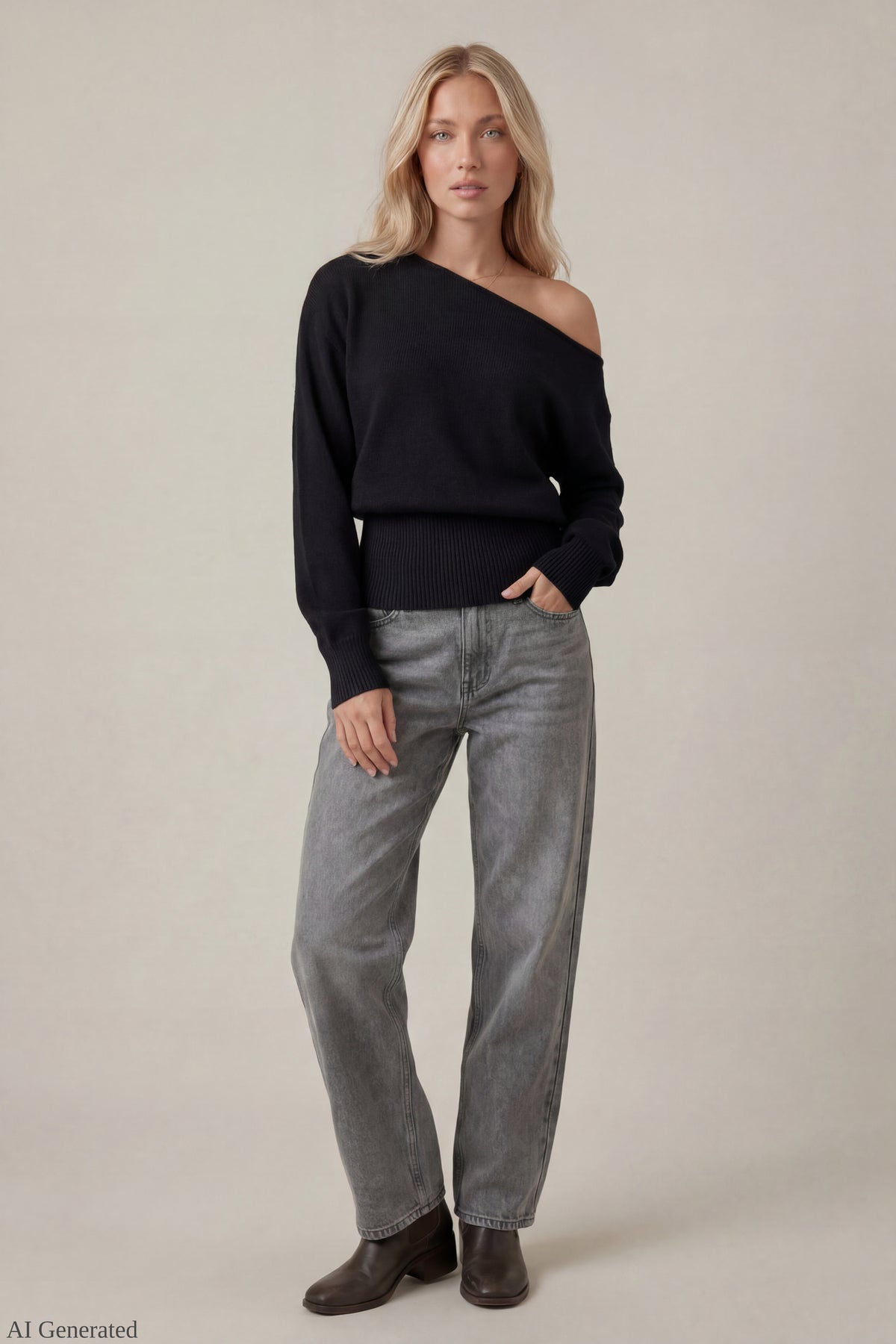 Alt View 2. Ribbed Off-Shoulder Sweater - Black