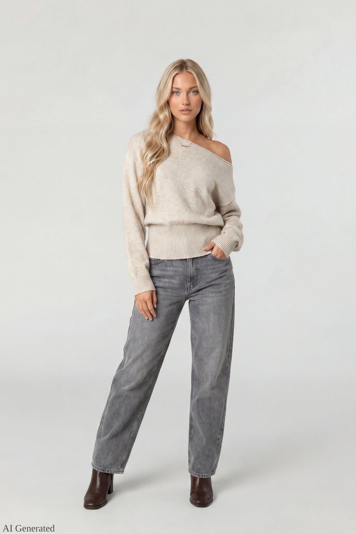 Alt View 2. Ribbed Off-Shoulder Sweater - Oatmeal