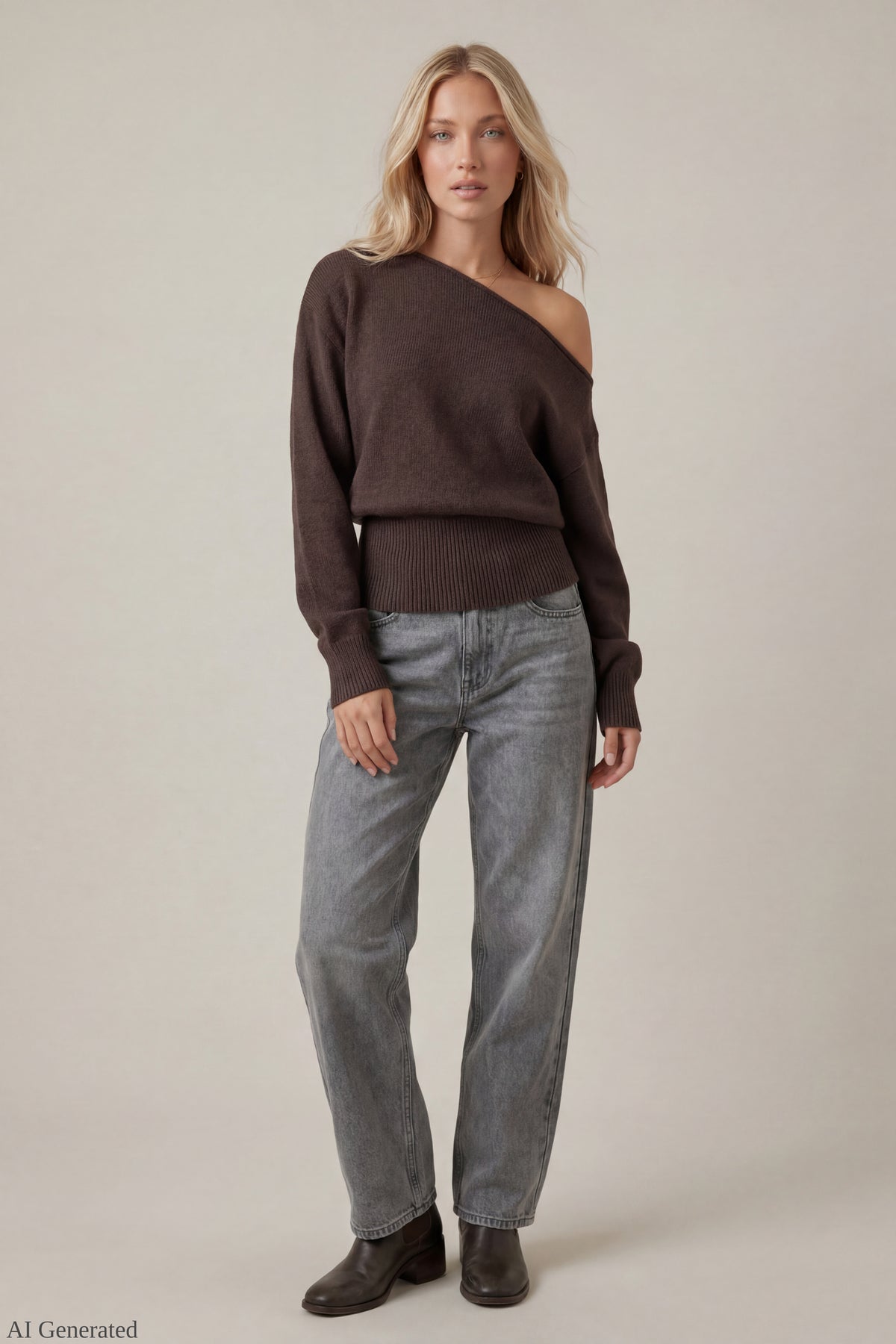 Alt View 2. Ribbed Off-Shoulder Sweater - Brown