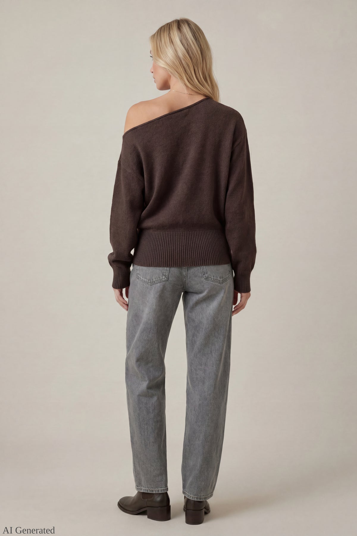 Alt View 3. Ribbed Off-Shoulder Sweater - Brown