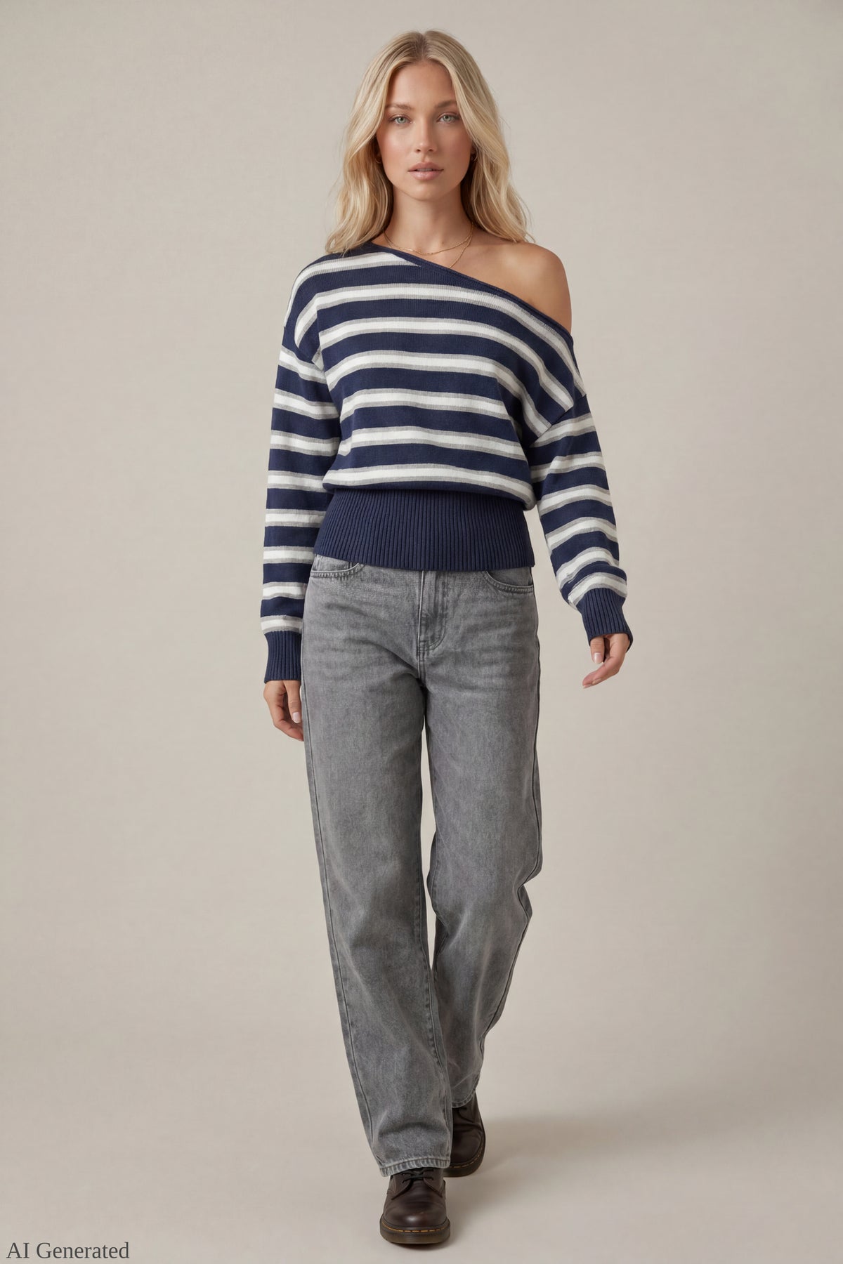 Alt View 2. Ribbed Off-Shoulder Sweater - Navy