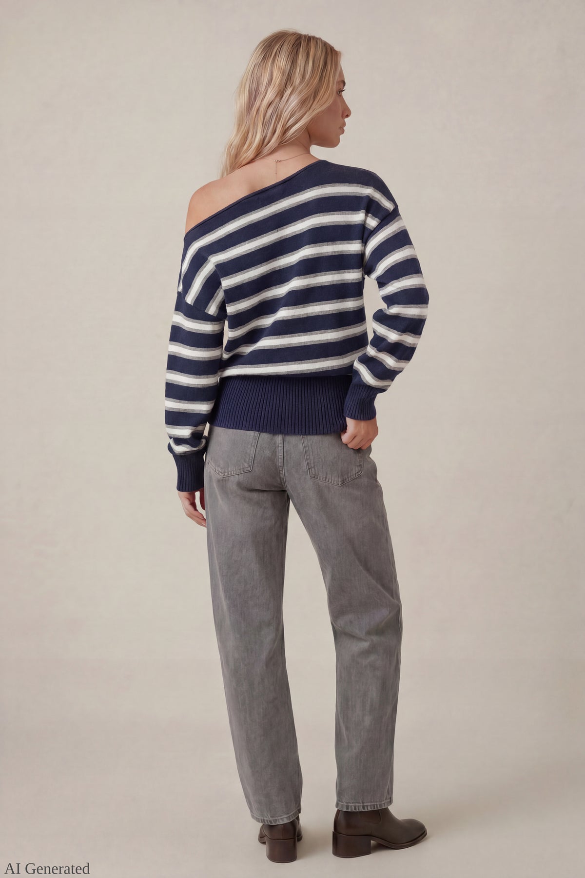 Alt View 3. Ribbed Off-Shoulder Sweater - Navy