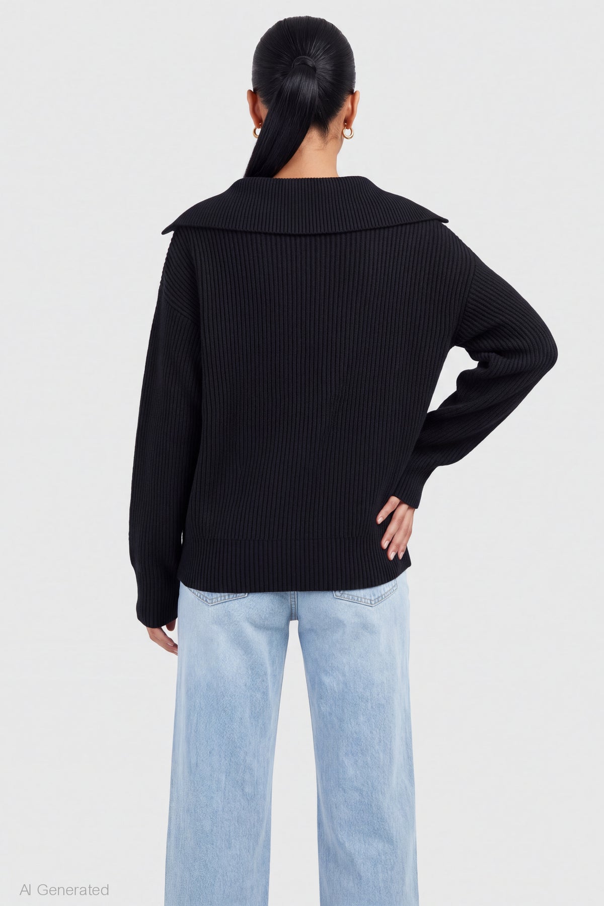 Alt View 2. Ribbed Knit Quarter Zip Sweater - Black