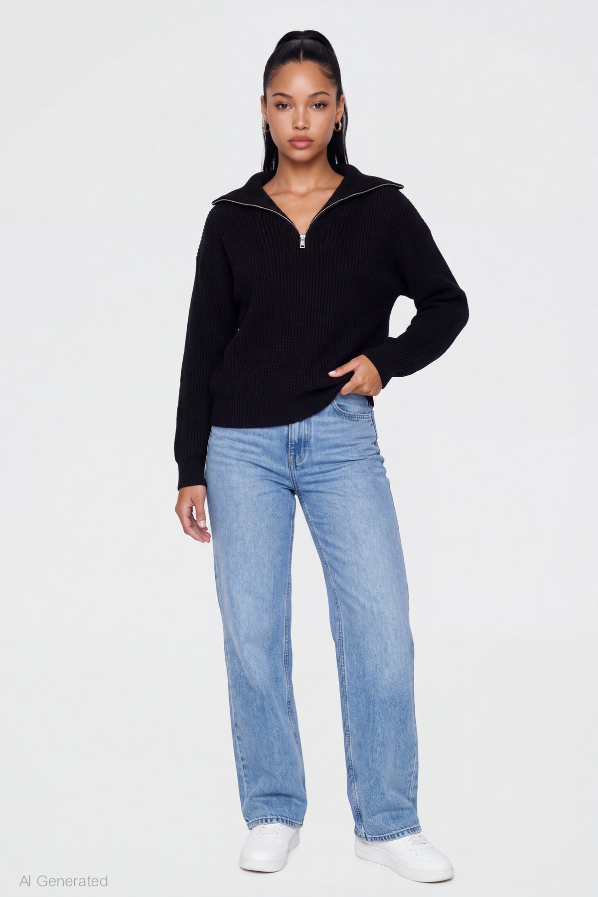 Alt View 3. Ribbed Knit Quarter Zip Sweater - Black