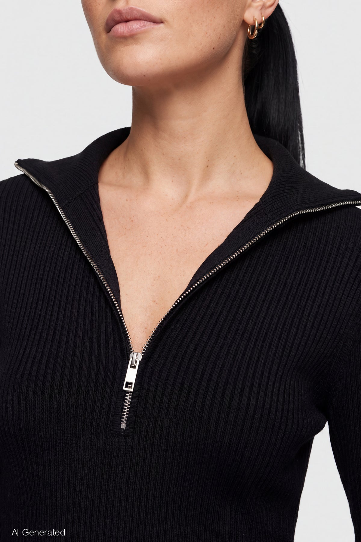 Alt View 4. Ribbed Knit Quarter Zip Sweater - Black