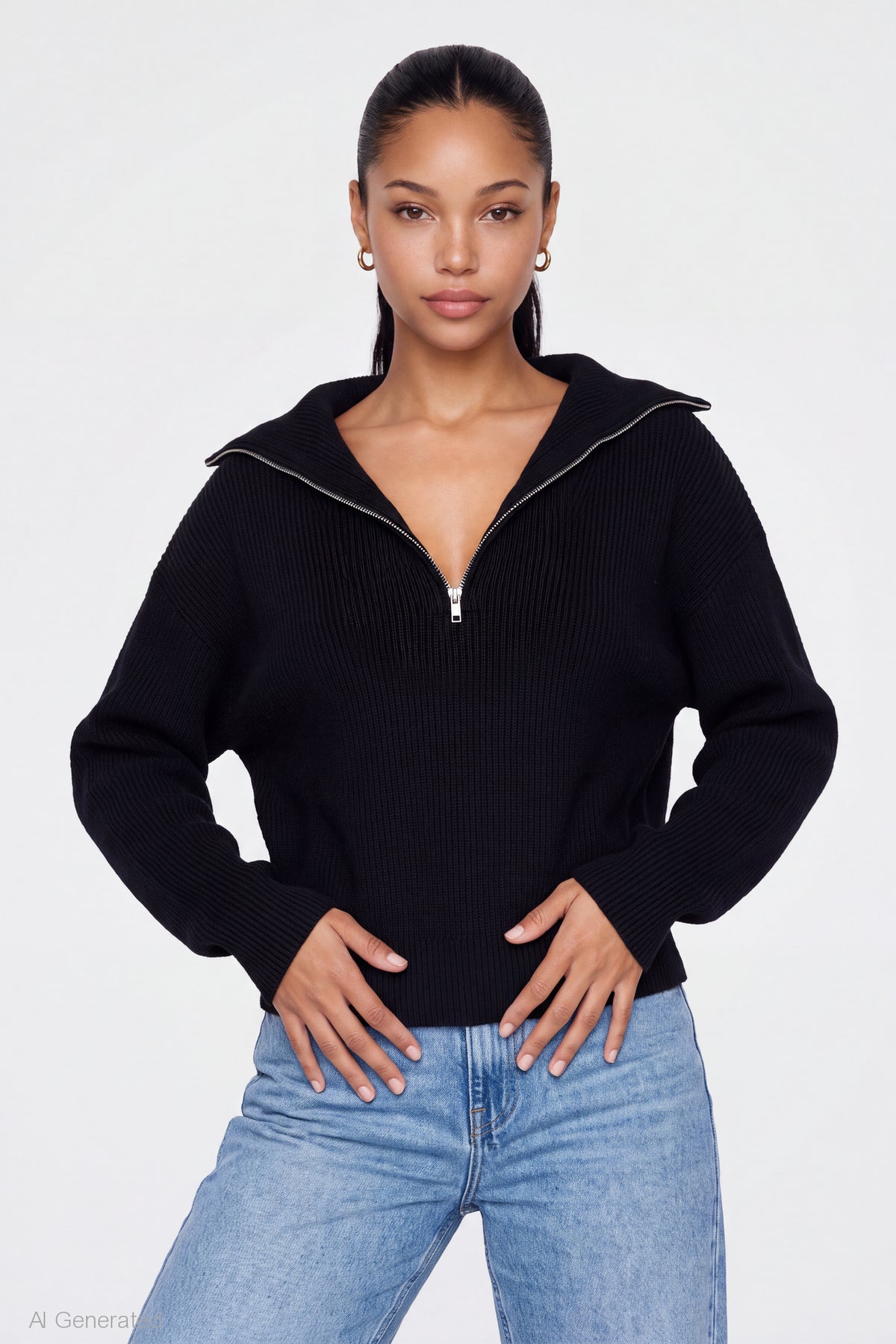 Ribbed Knit Quarter Zip Sweater - Black