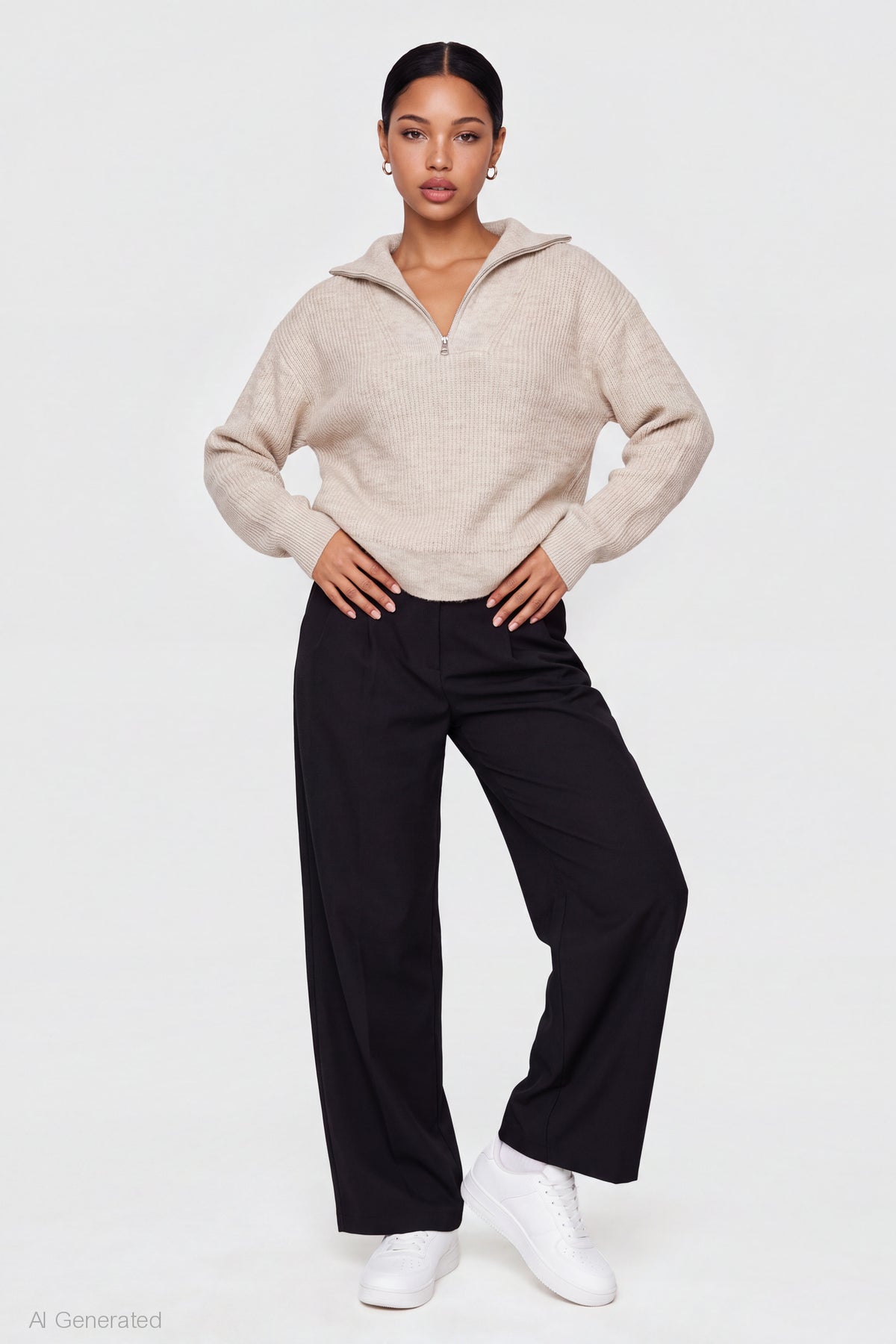 Alt View 3. Ribbed Knit Quarter Zip Sweater - Oatmeal