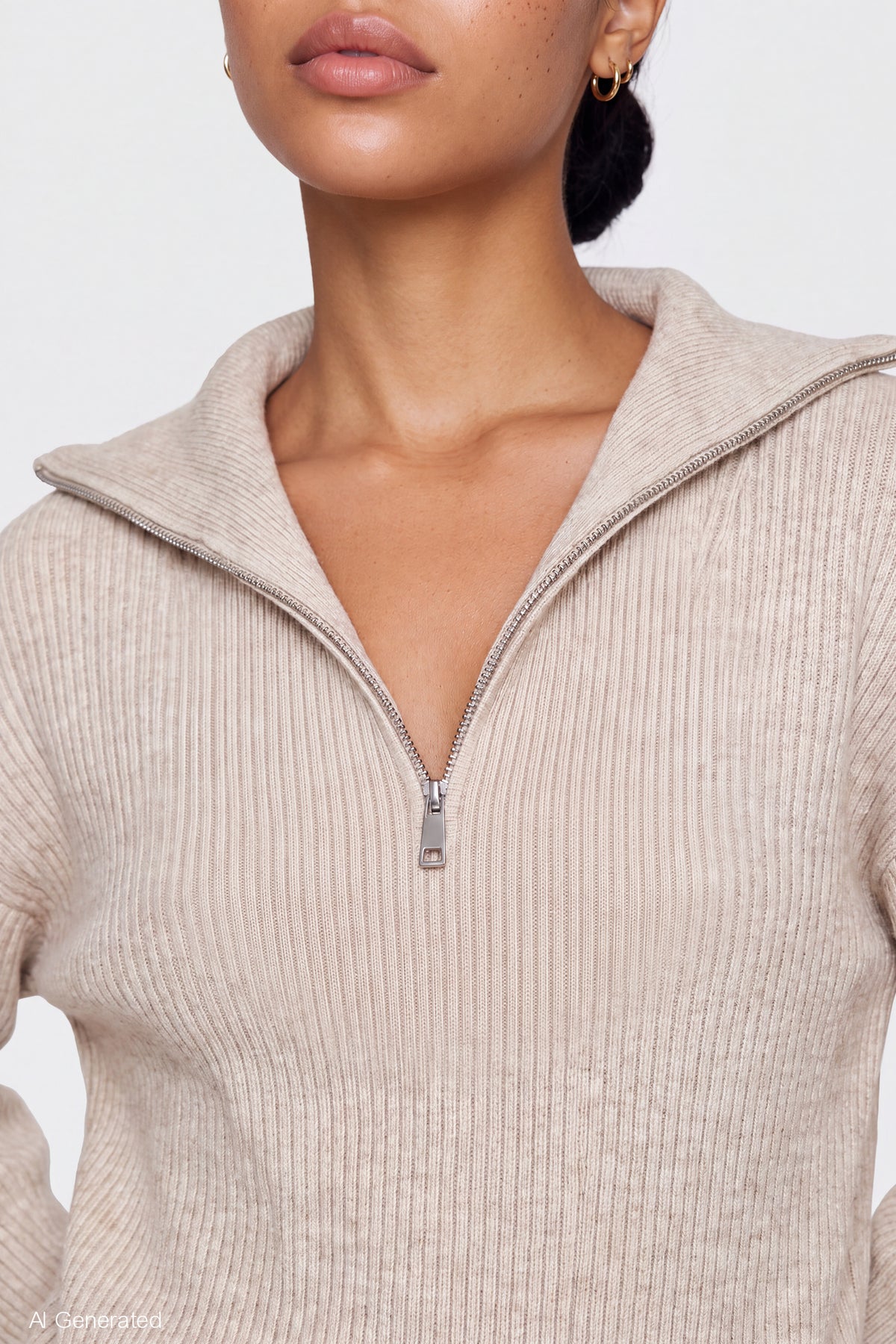 Alt View 4. Ribbed Knit Quarter Zip Sweater - Oatmeal