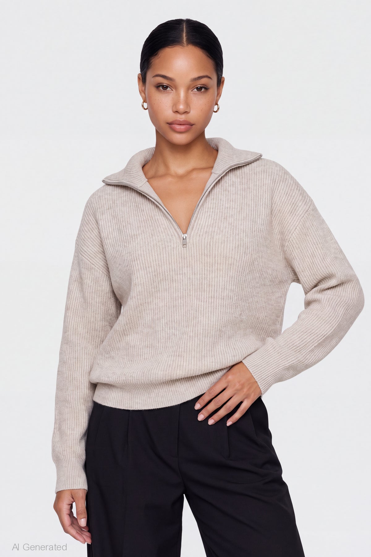 Ribbed Knit Quarter Zip Sweater - Oatmeal