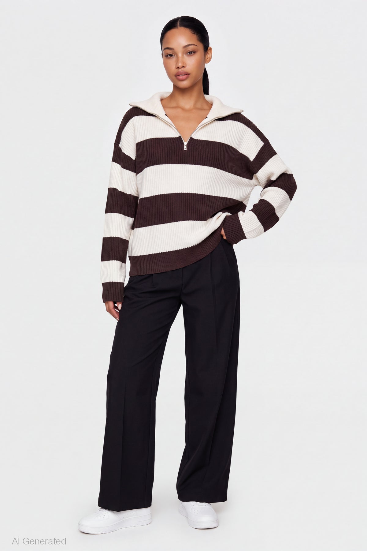 Alt View 3. Ribbed Knit Quarter Zip Sweater - Brown