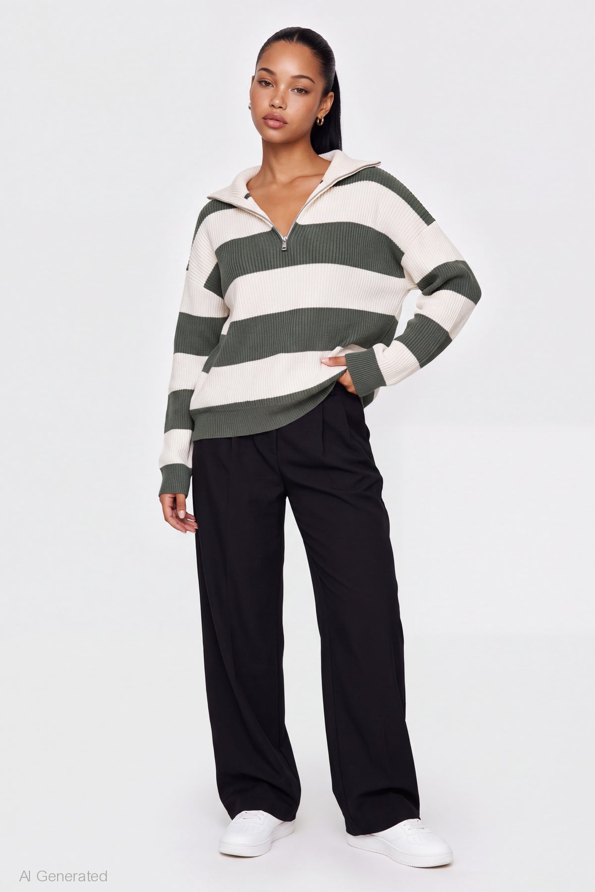 Alt View 3. Ribbed Knit Quarter Zip Sweater - Green