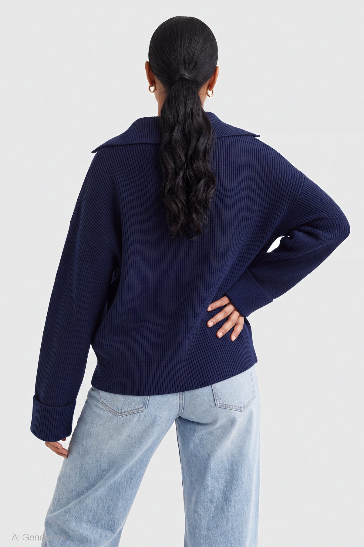 Alt View 2. Ribbed Knit Quarter Zip Sweater - Navy