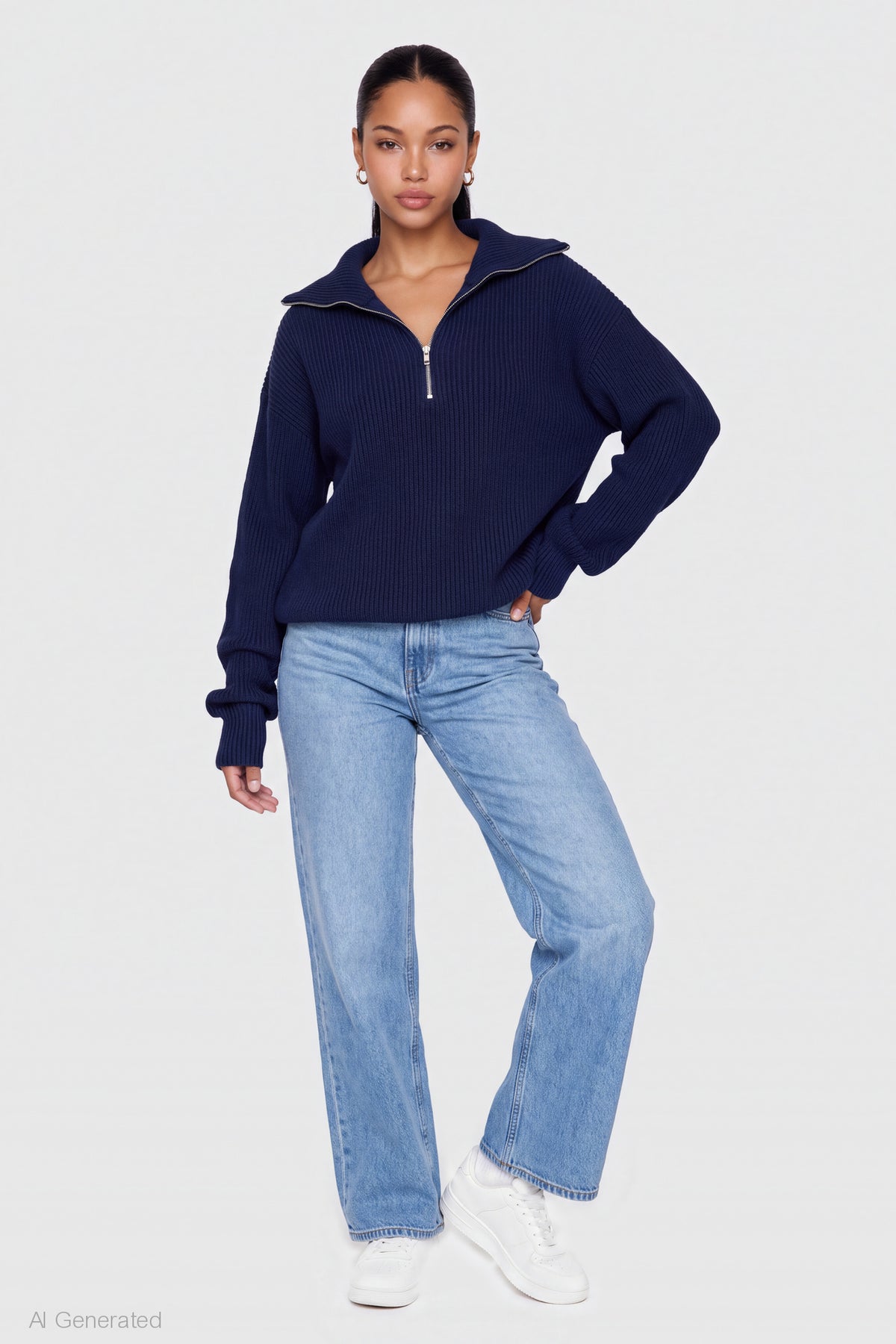 Alt View 3. Ribbed Knit Quarter Zip Sweater - Navy