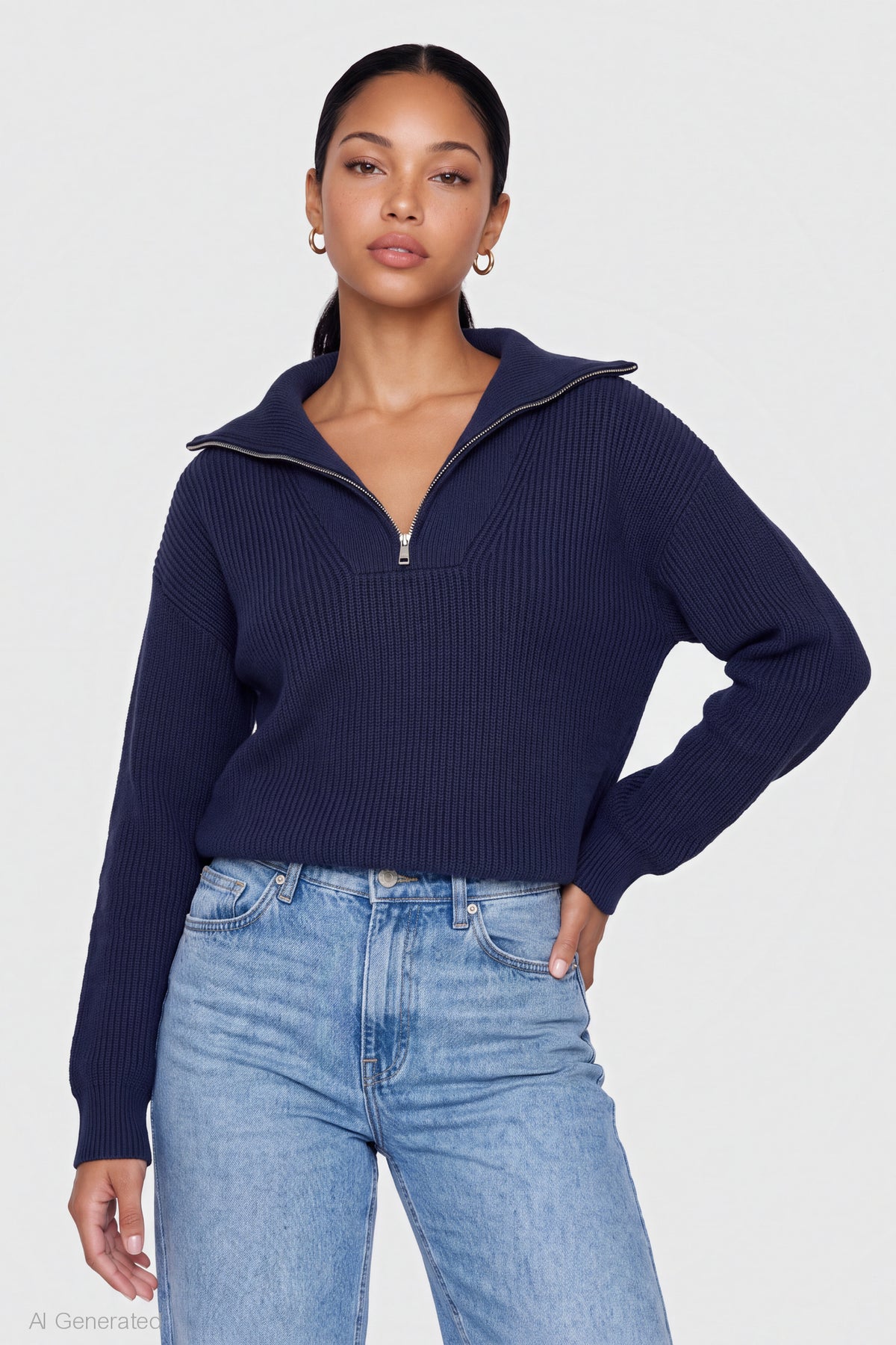 Ribbed Knit Quarter Zip Sweater - Navy