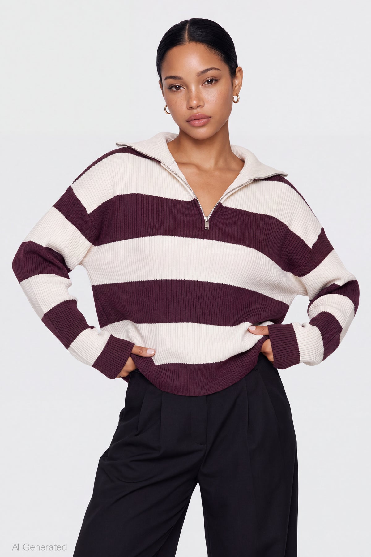 Ribbed Knit Quarter Zip Sweater - Cherry