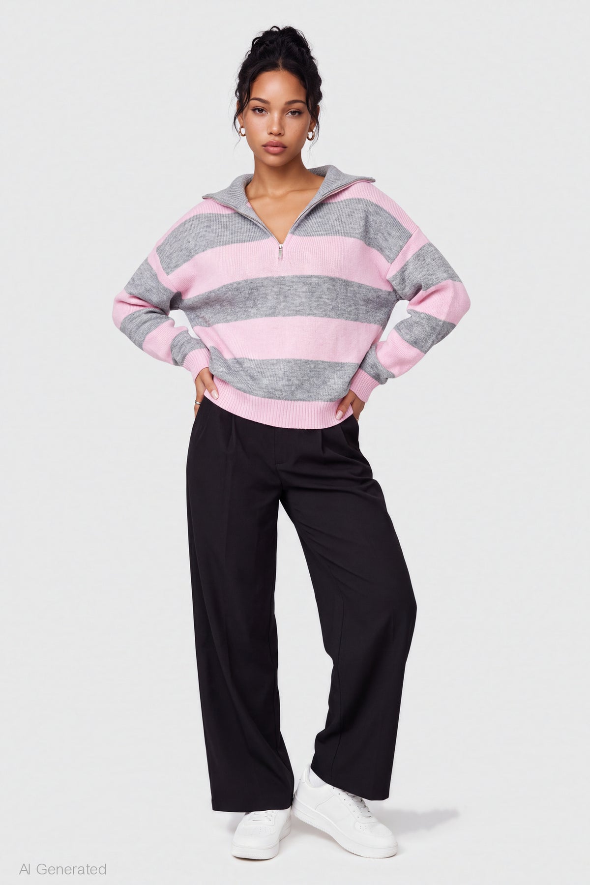 Alt View 3. Ribbed Knit Quarter Zip Sweater - Pink