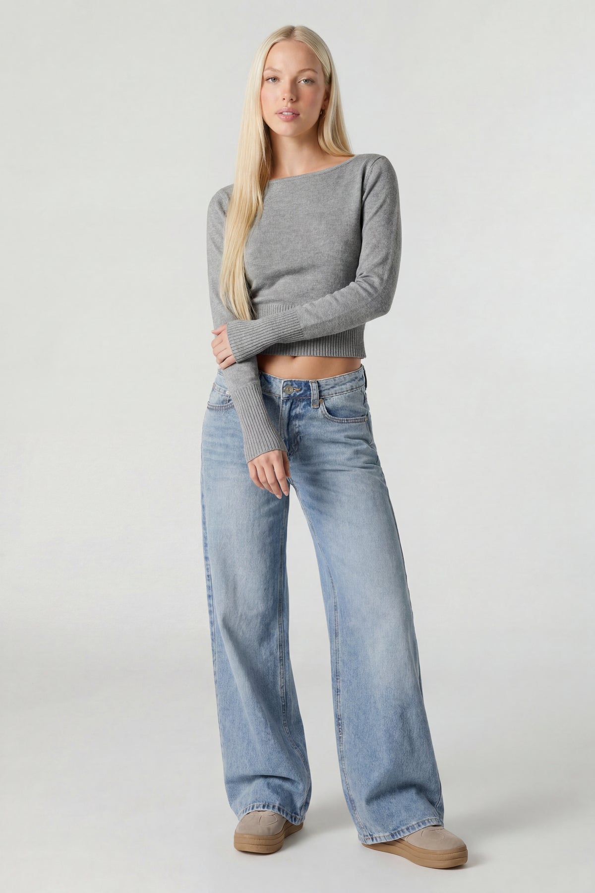 Boat Neck Long Sleeve Sweater - Heather Grey