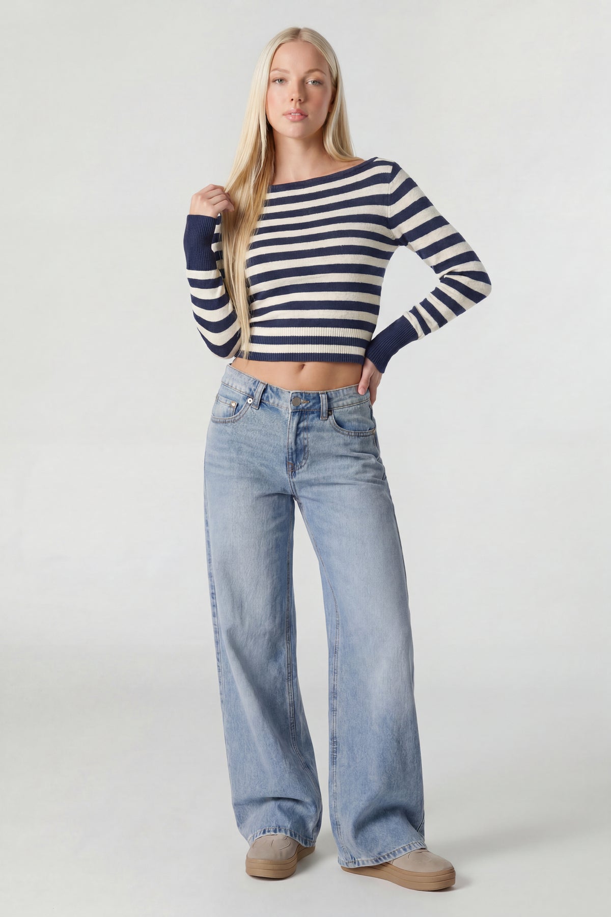 Boat Neck Long Sleeve Sweater - Navy