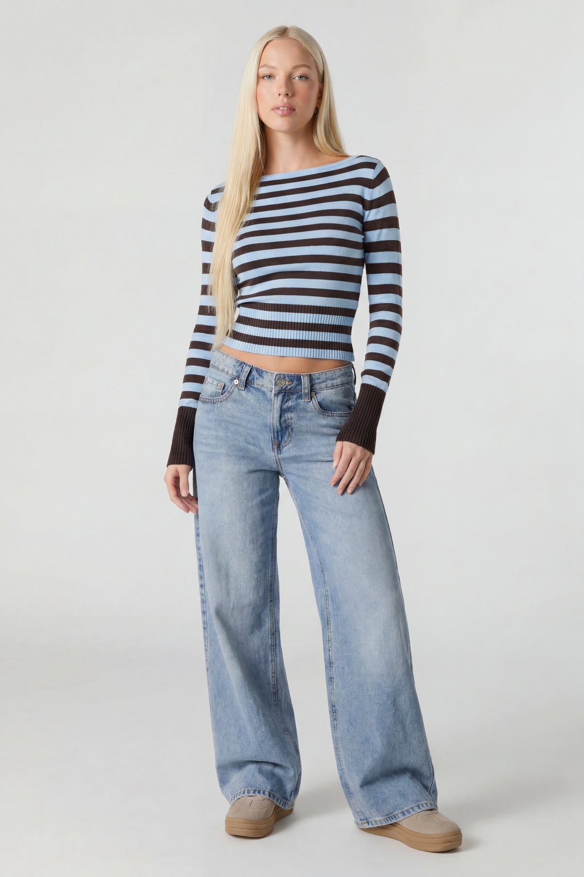 Boat Neck Long Sleeve Sweater - Light Blue