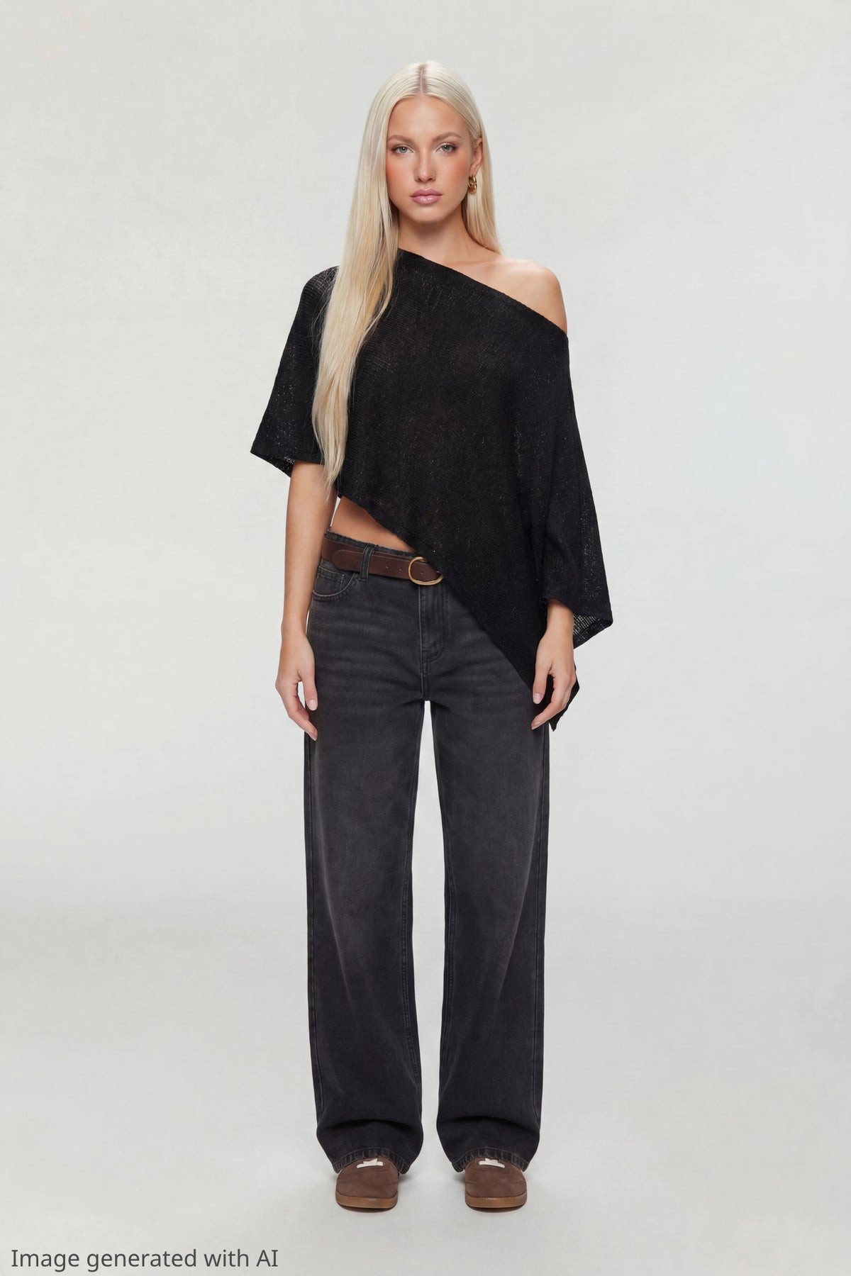 Alt View 2. Knit Off Shoulder Poncho - Black