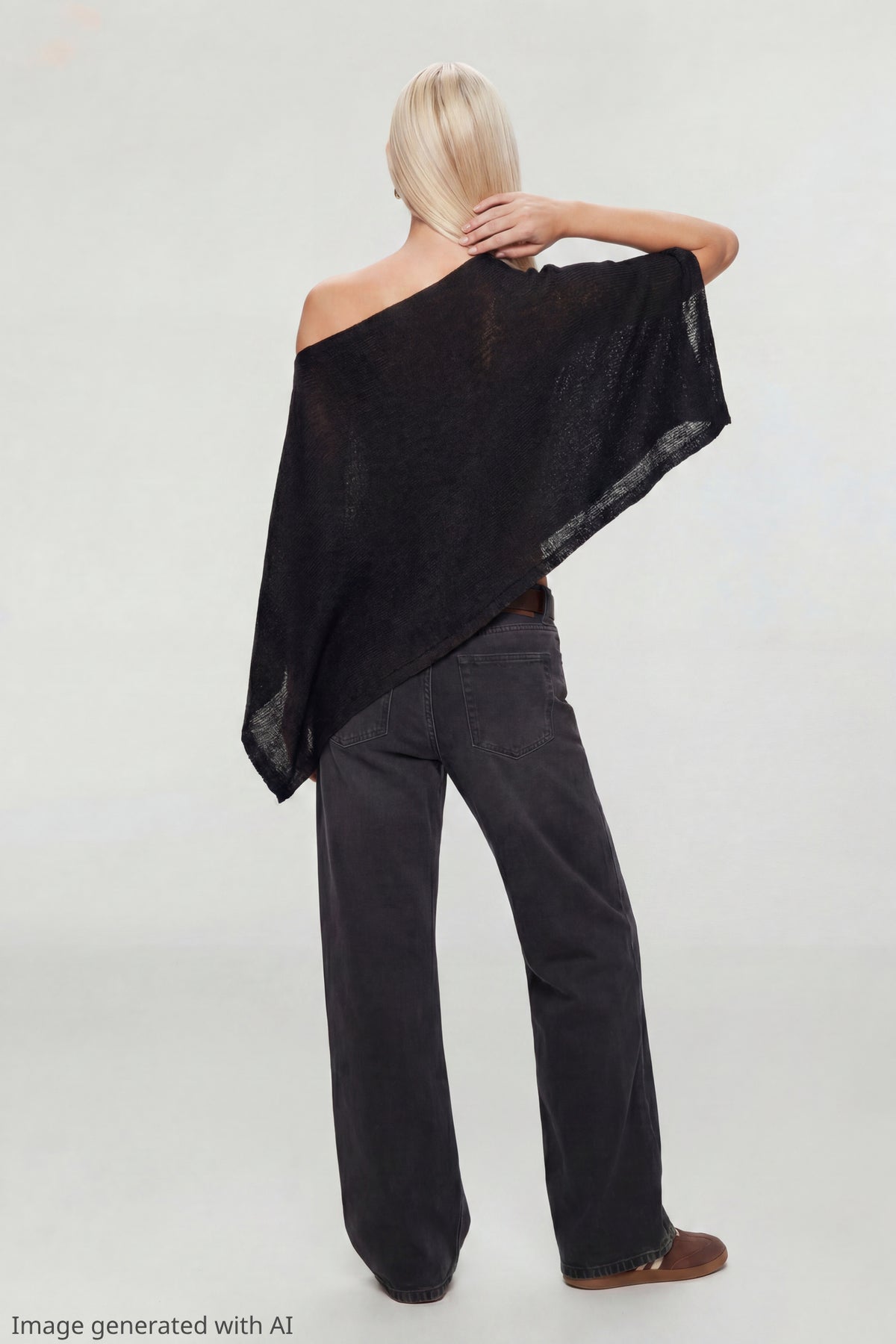 Alt View 3. Knit Off Shoulder Poncho - Black