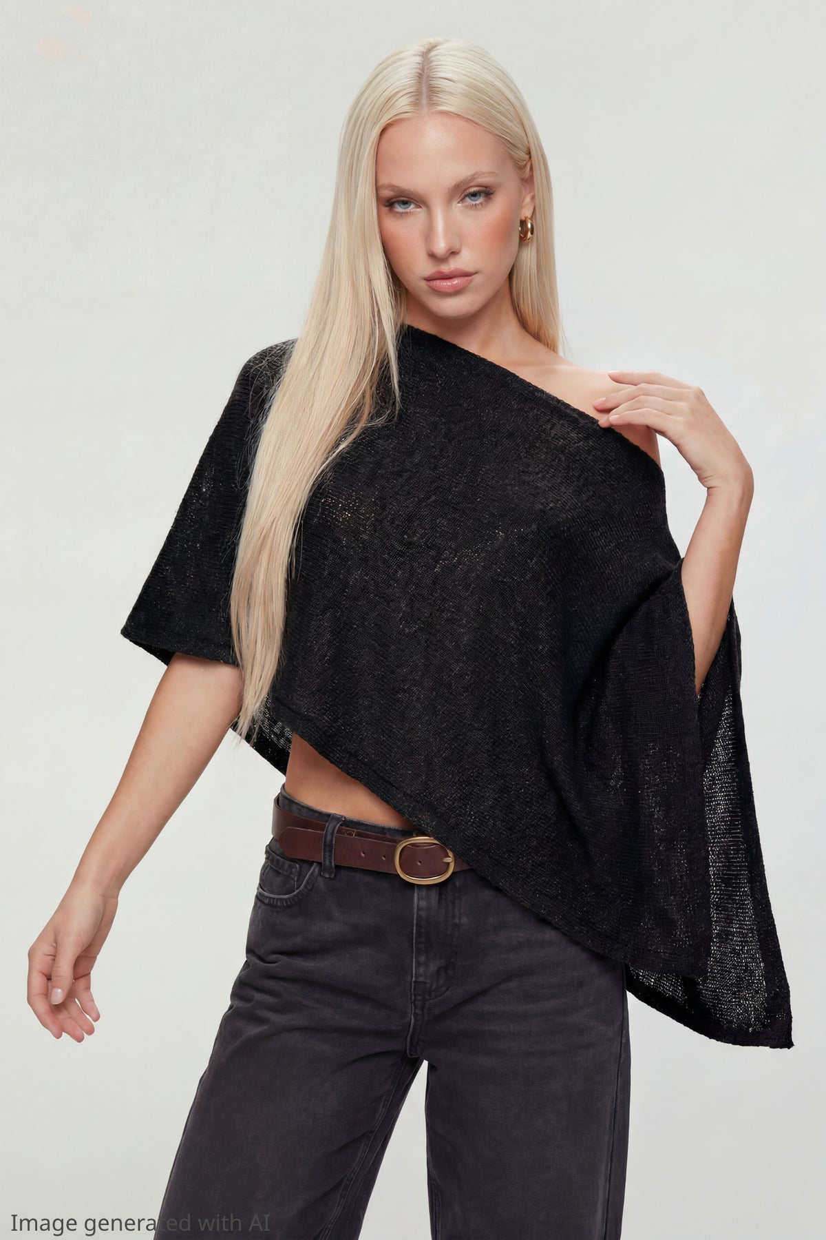 Knit Off Shoulder Poncho - Black