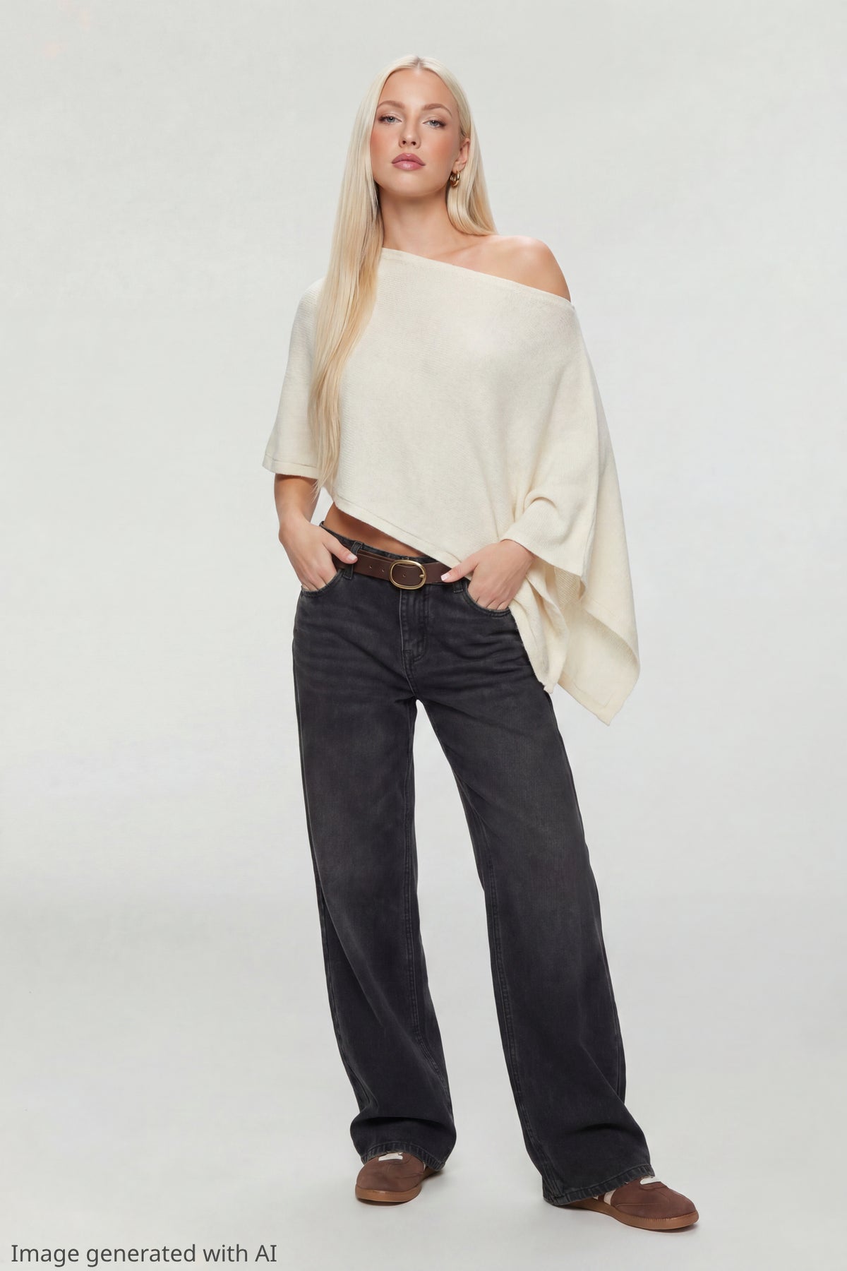 Alt View 2. Knit Off Shoulder Poncho - White