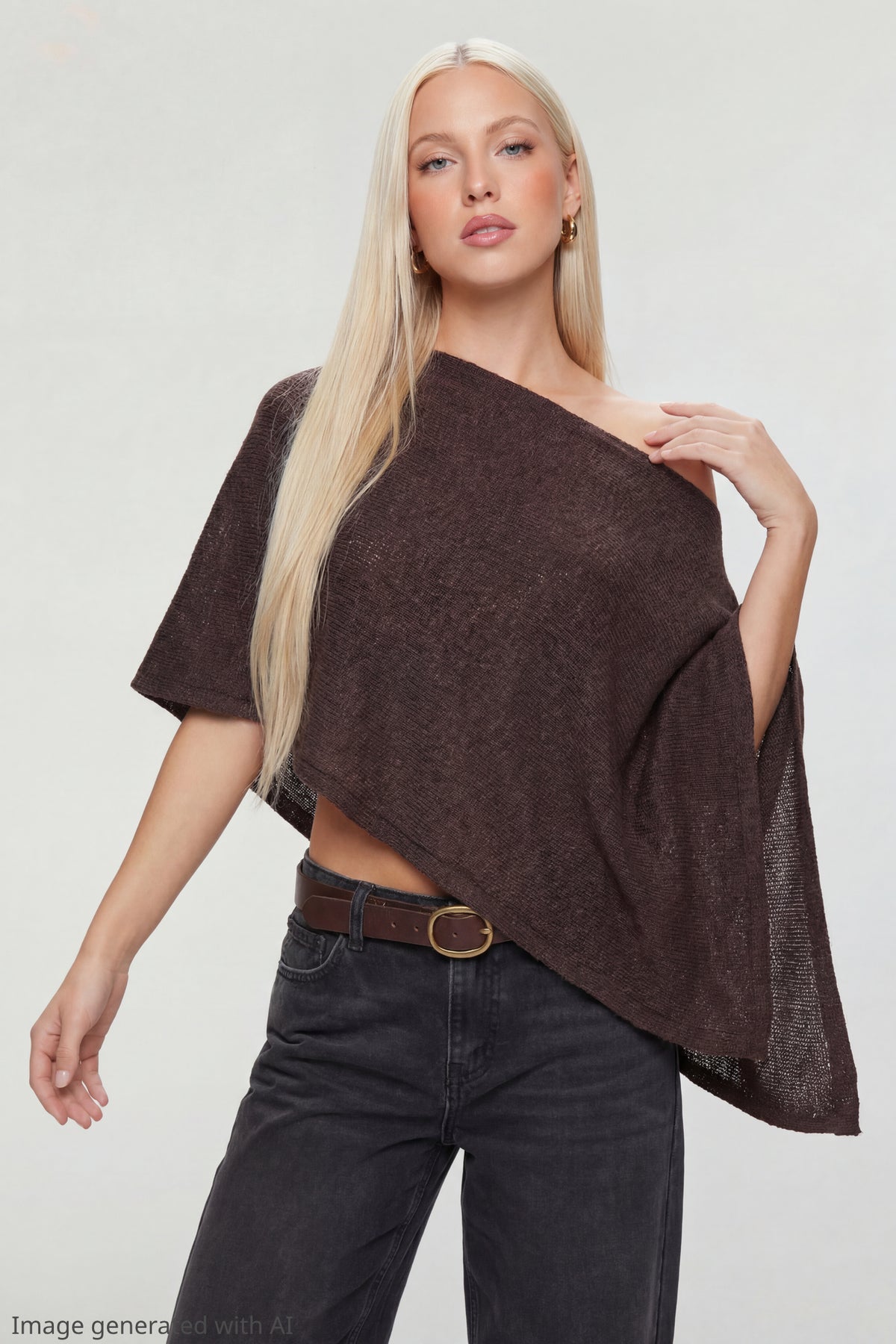 Knit Off Shoulder Poncho - Brown