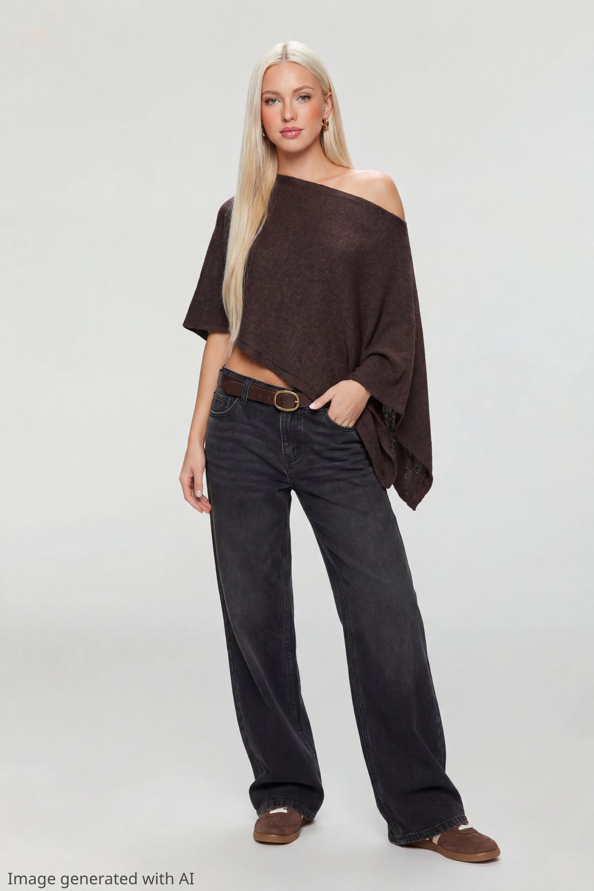 Alt View 2. Knit Off Shoulder Poncho - Brown