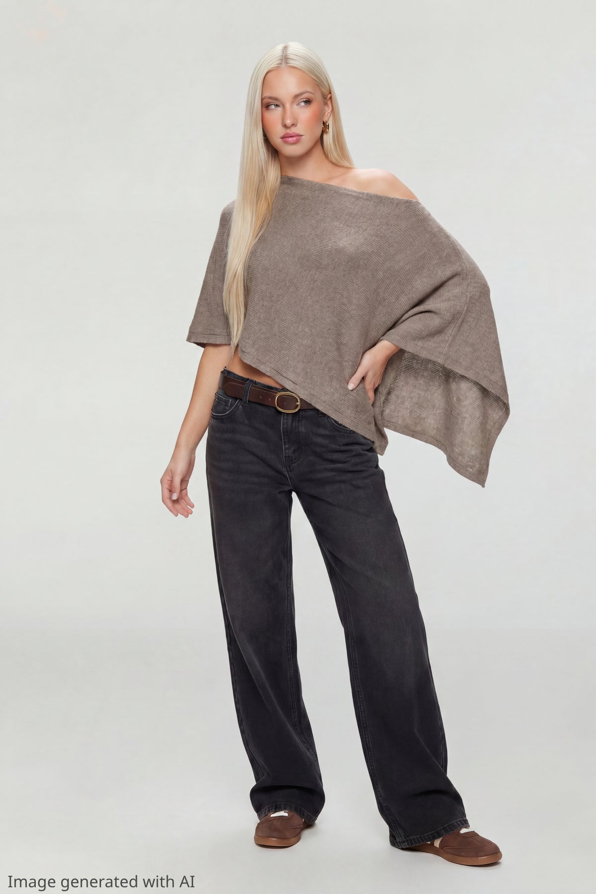 Alt View 2. Knit Off Shoulder Poncho - Taupe