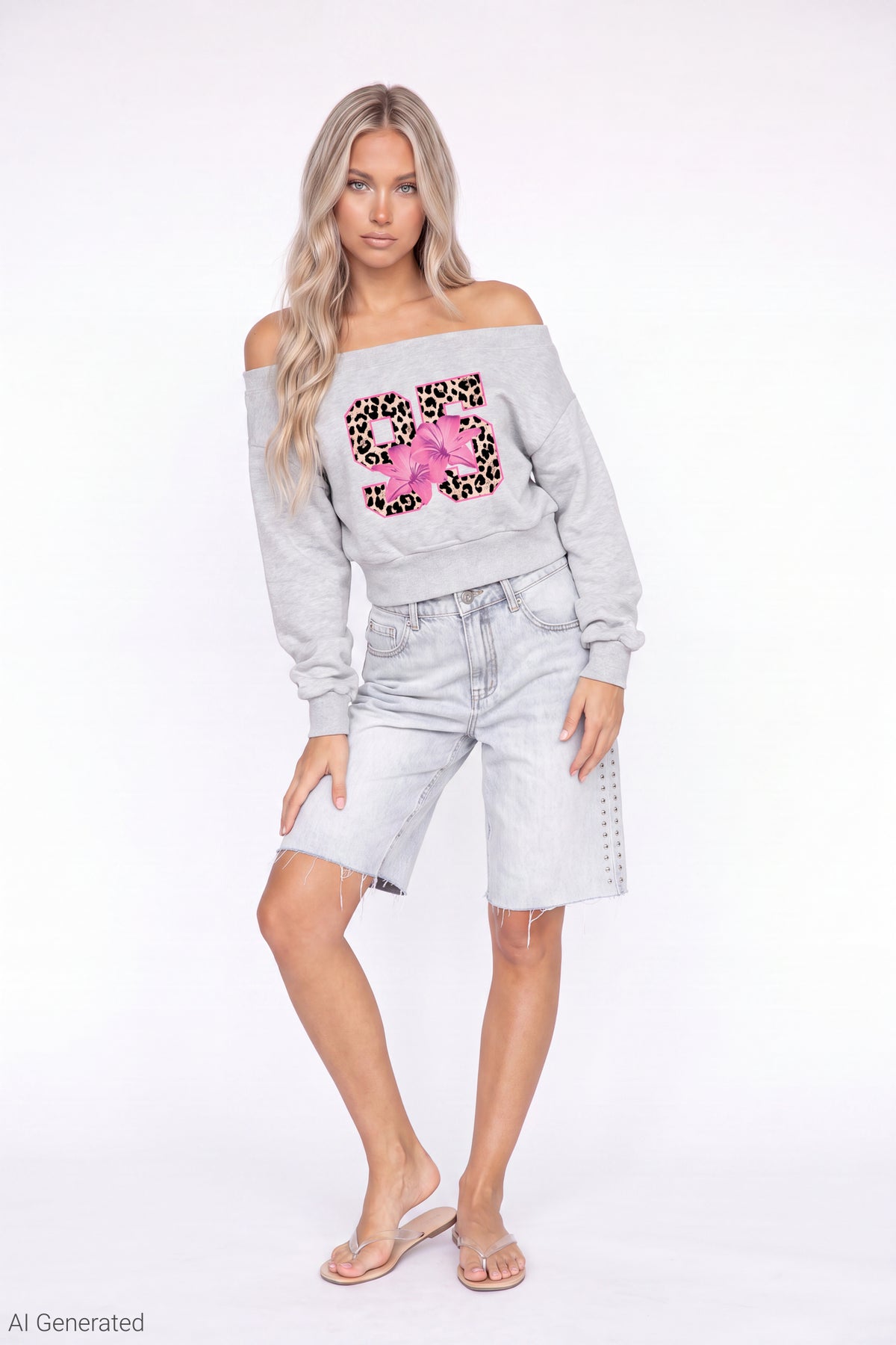Alt View 2. Fleece Off Shoulder Graphic Sweatshirt - Light Grey