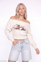 Fleece Off Shoulder Graphic Sweatshirt