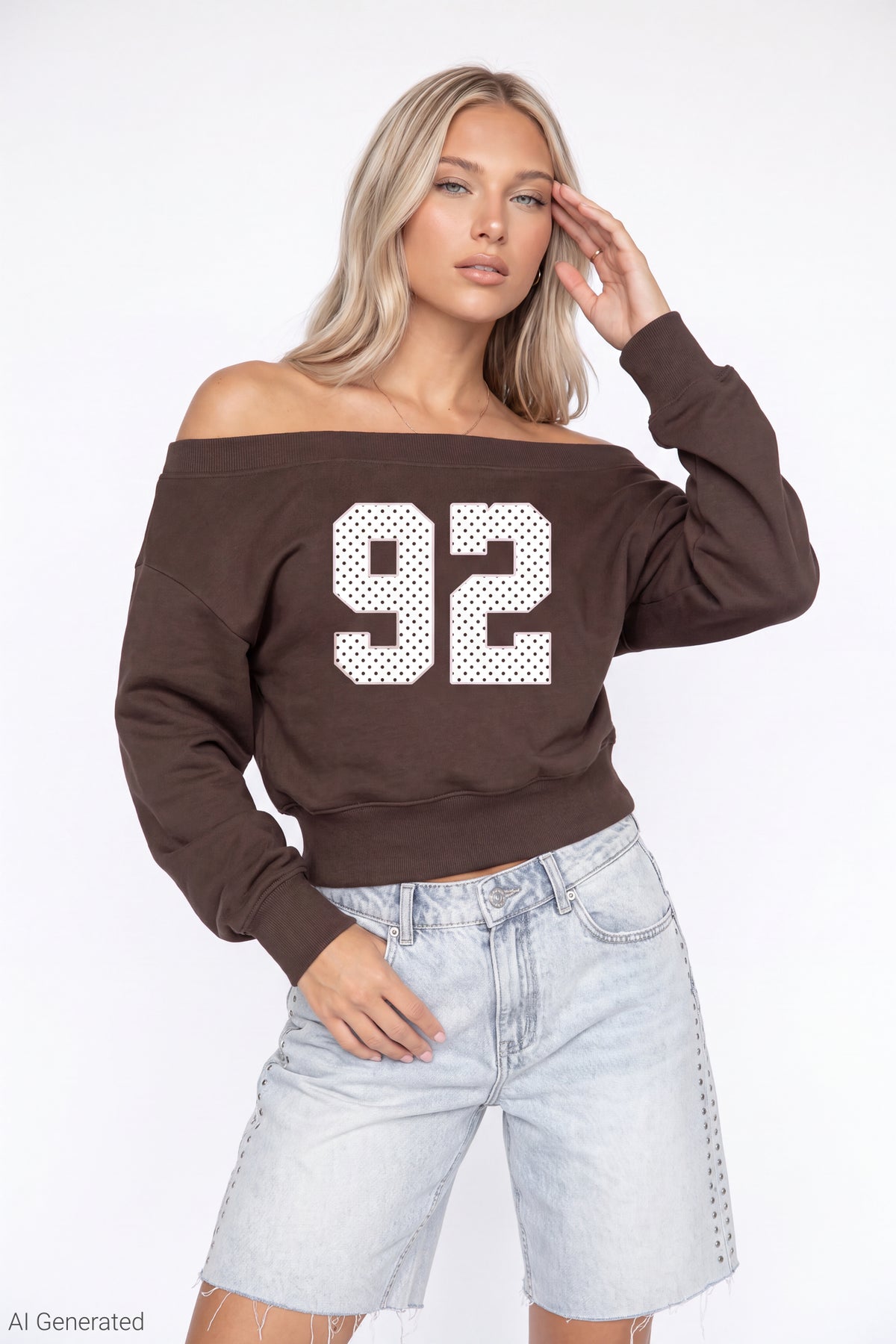 Fleece Off Shoulder Graphic Sweatshirt - Brown