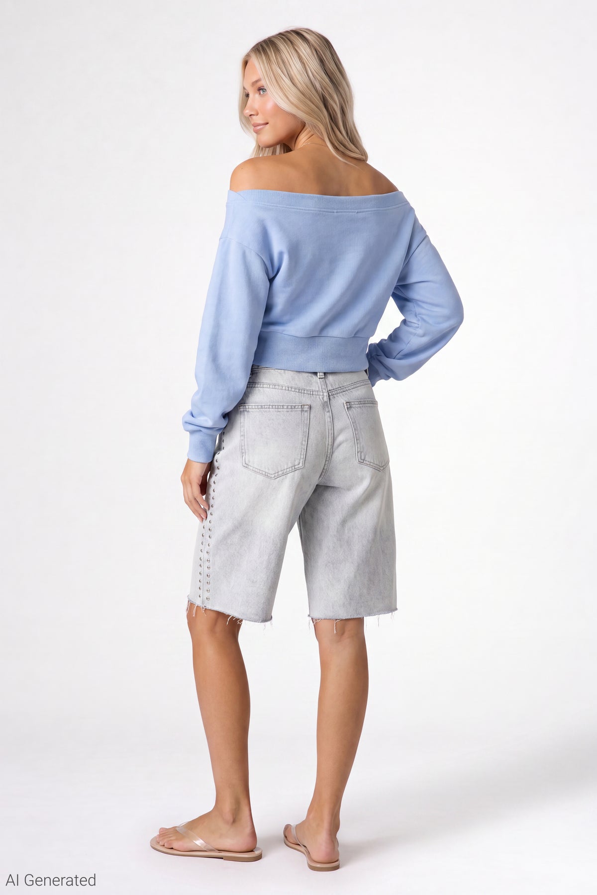 Alt View 3. Fleece Off Shoulder Graphic Sweatshirt - Light Blue