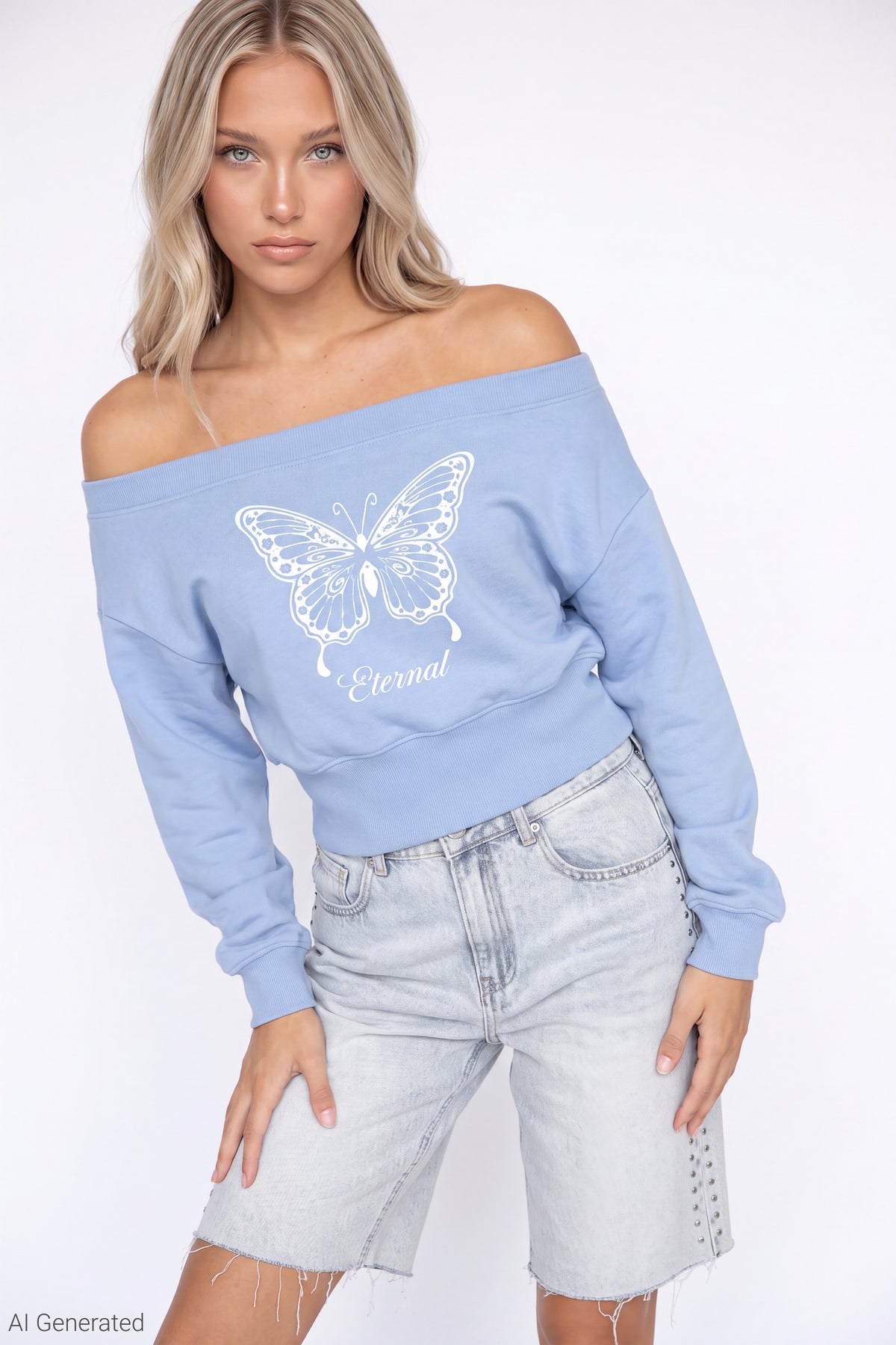 Fleece Off Shoulder Graphic Sweatshirt - Light Blue