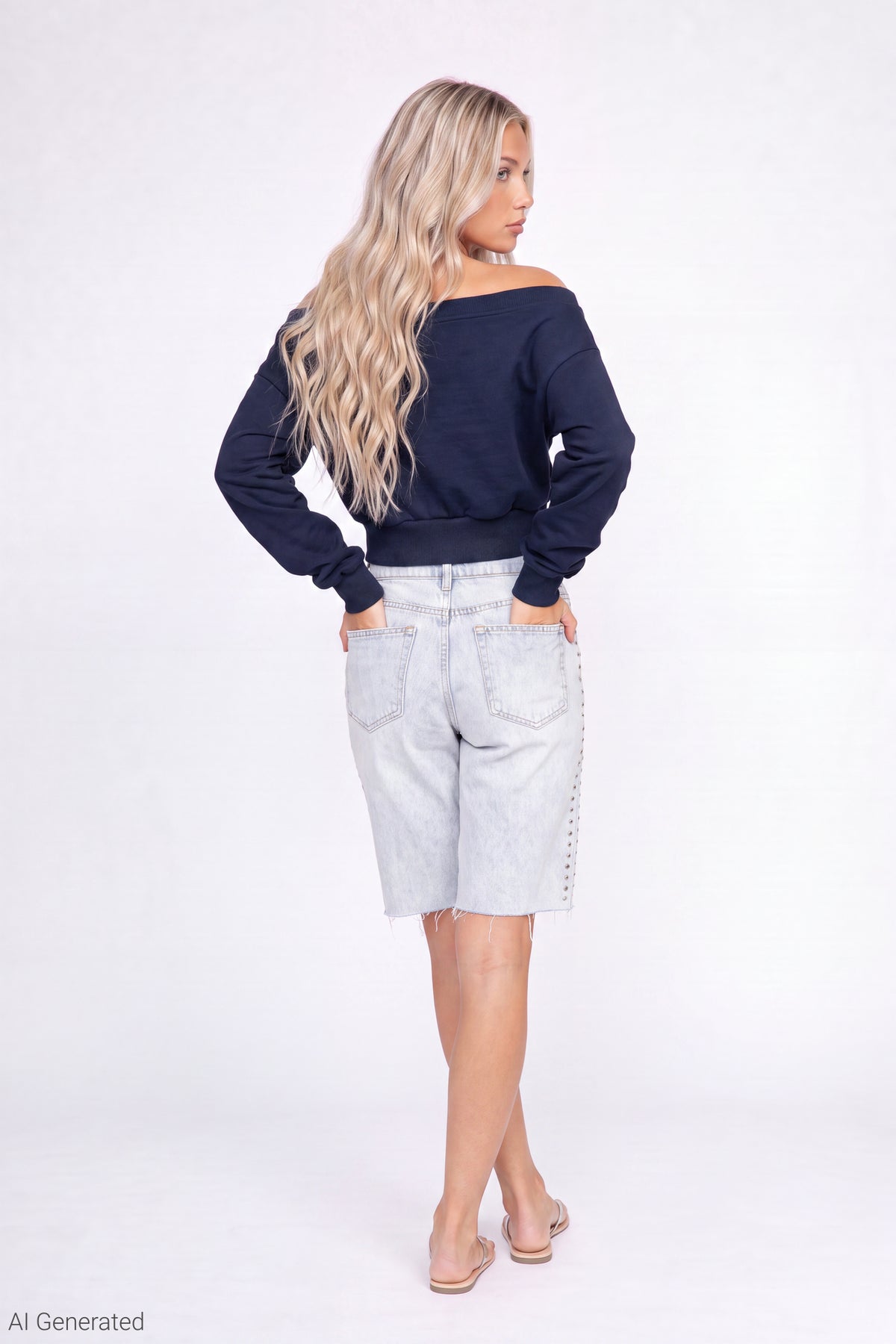 Alt View 3. Fleece Off Shoulder Graphic Sweatshirt - Navy