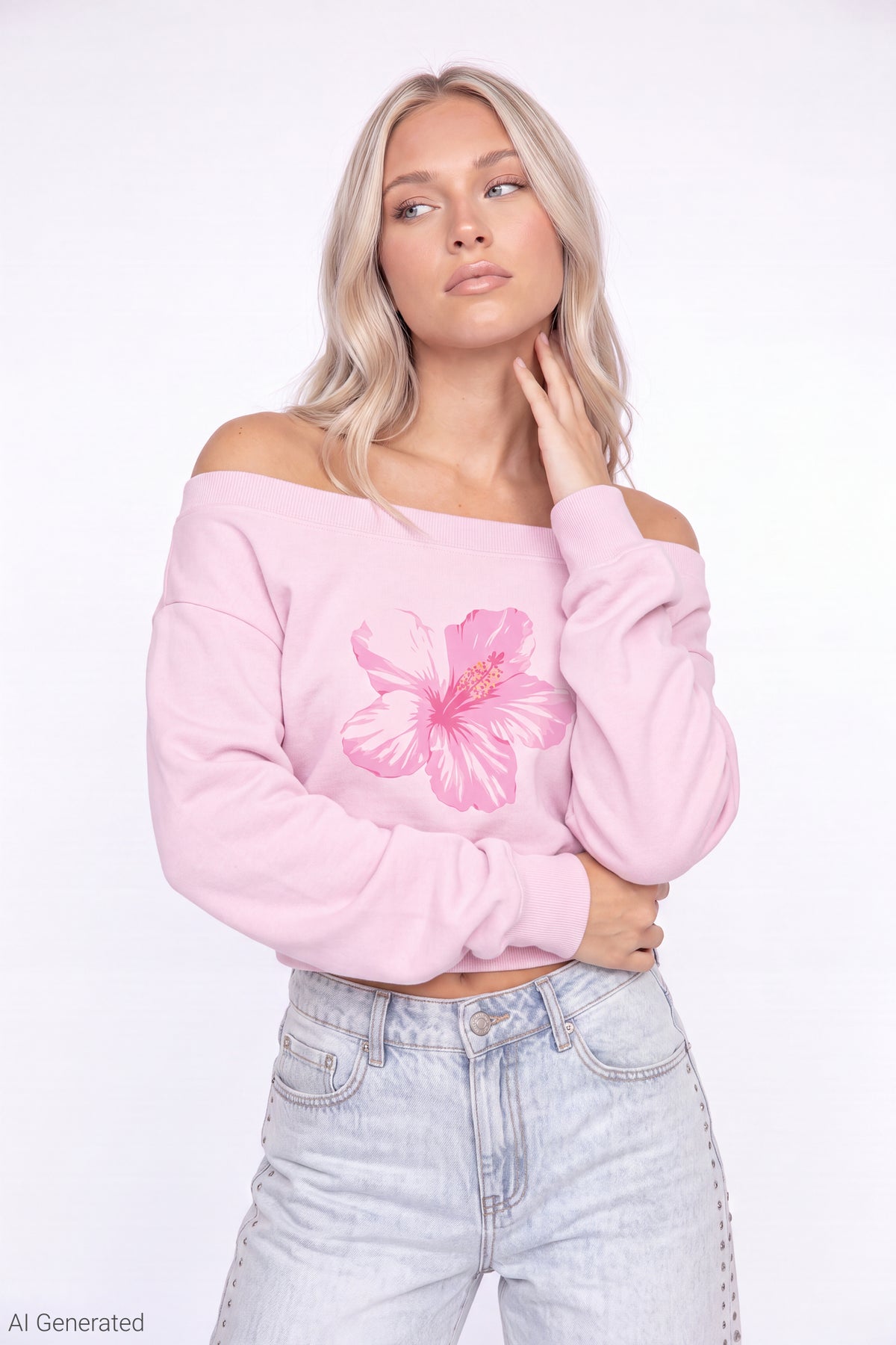 Fleece Off Shoulder Graphic Sweatshirt - Pink