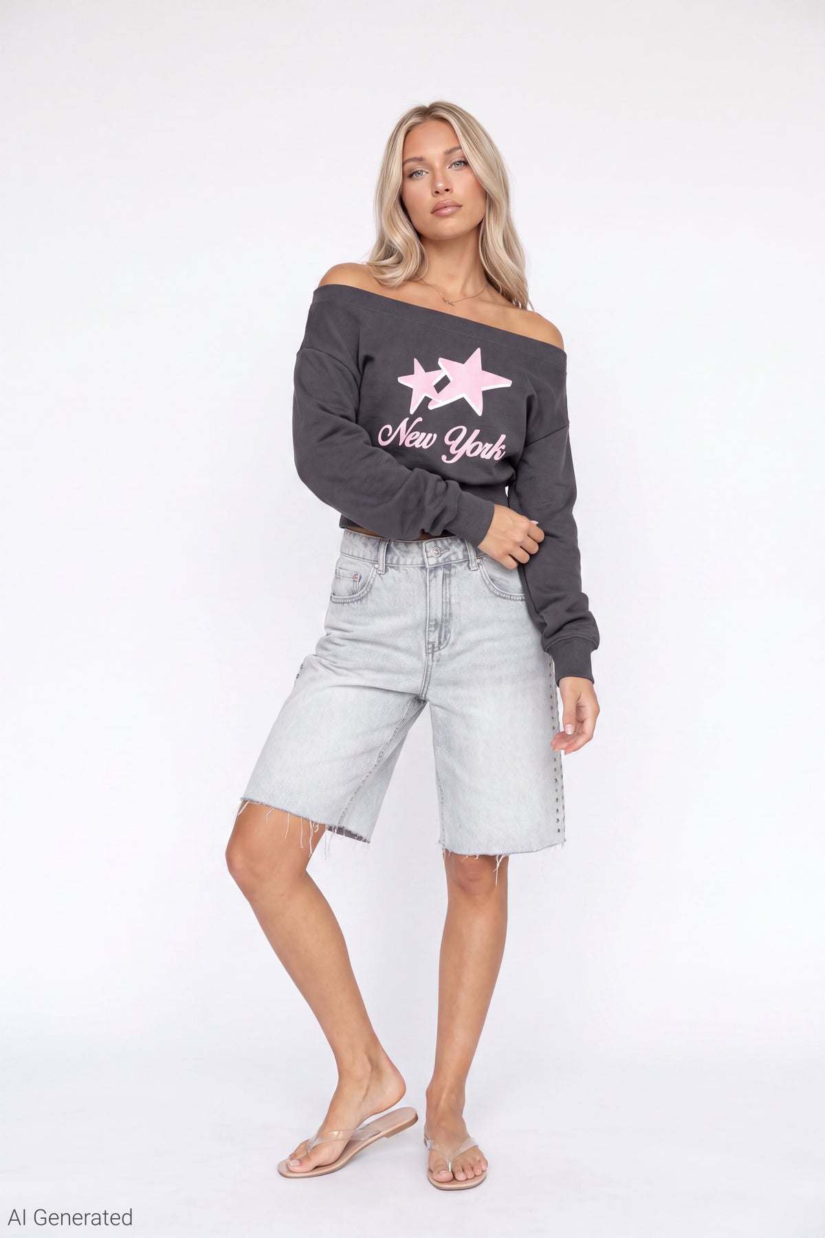 Alt View 2. Fleece Off Shoulder Graphic Sweatshirt - Charcoal