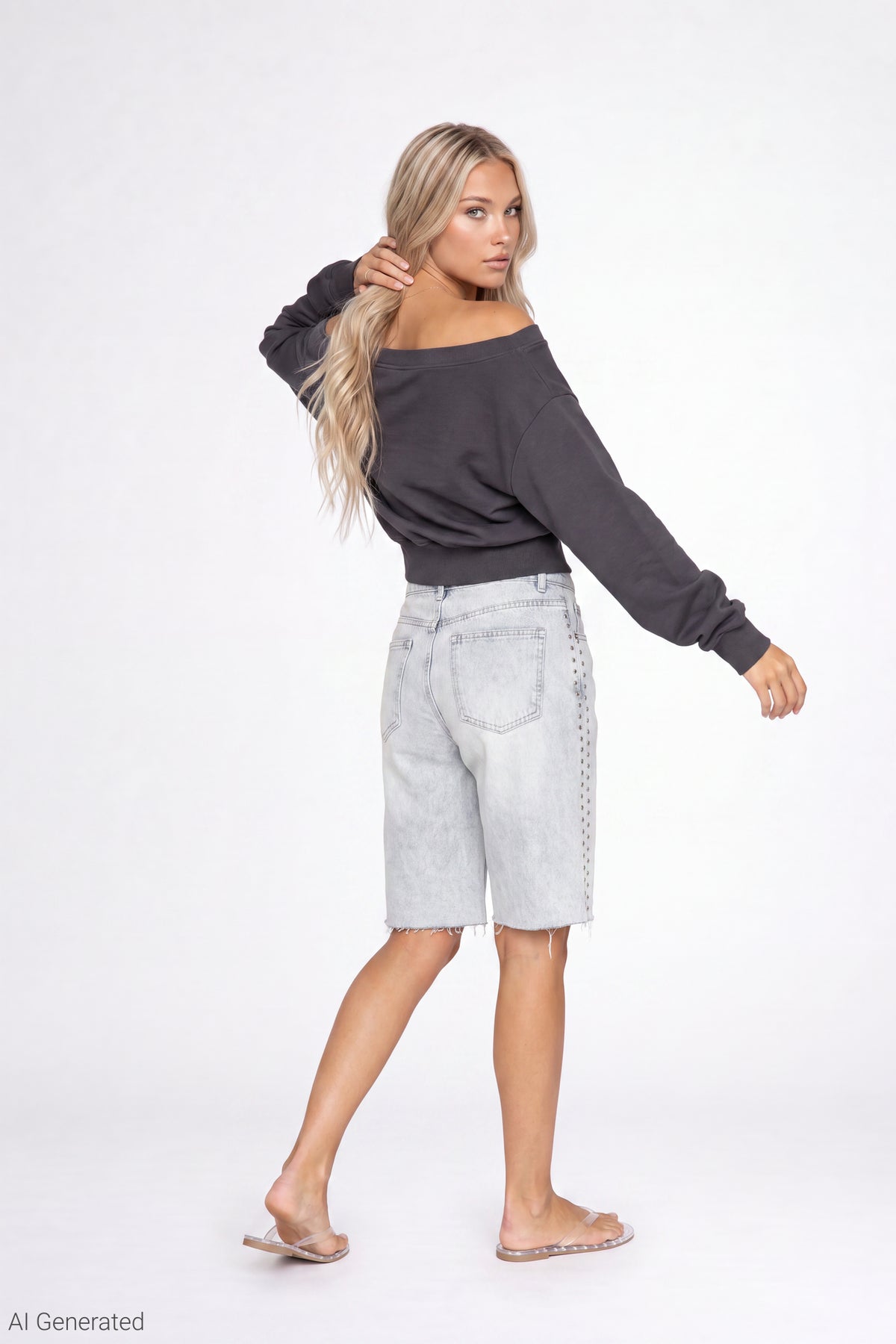 Alt View 3. Fleece Off Shoulder Graphic Sweatshirt - Charcoal