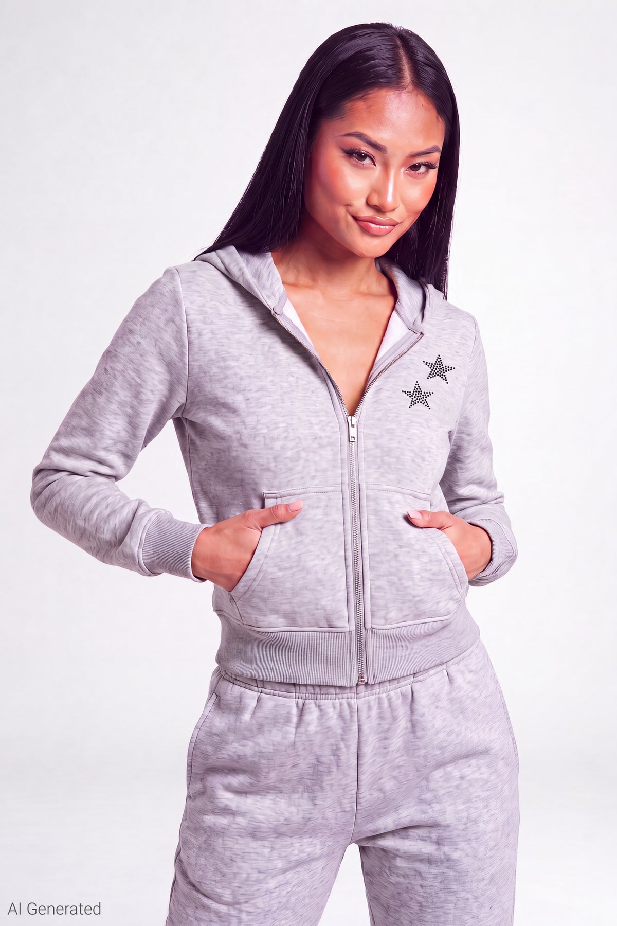 Fleece Graphic Zip Hoodie - Light Grey