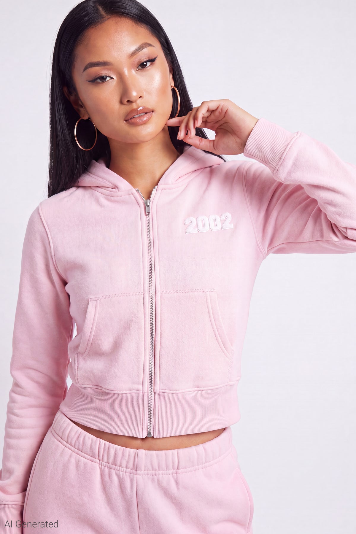 Fleece Graphic Zip Hoodie - Light Pink