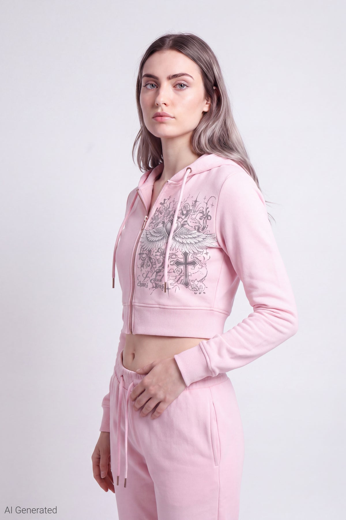 Fleece Graphic Zip Hoodie - Light Pink