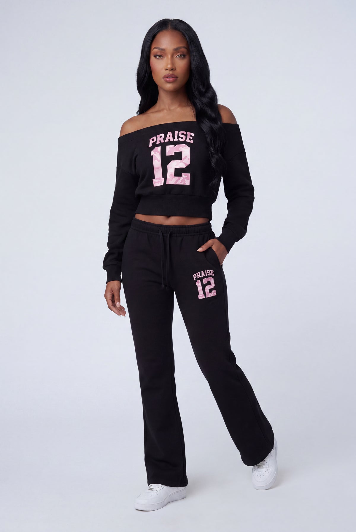 Alt View 2. Fleece Graphic Off Shoulder Sweatshirt - Black