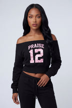 Fleece Graphic Off Shoulder Sweatshirt