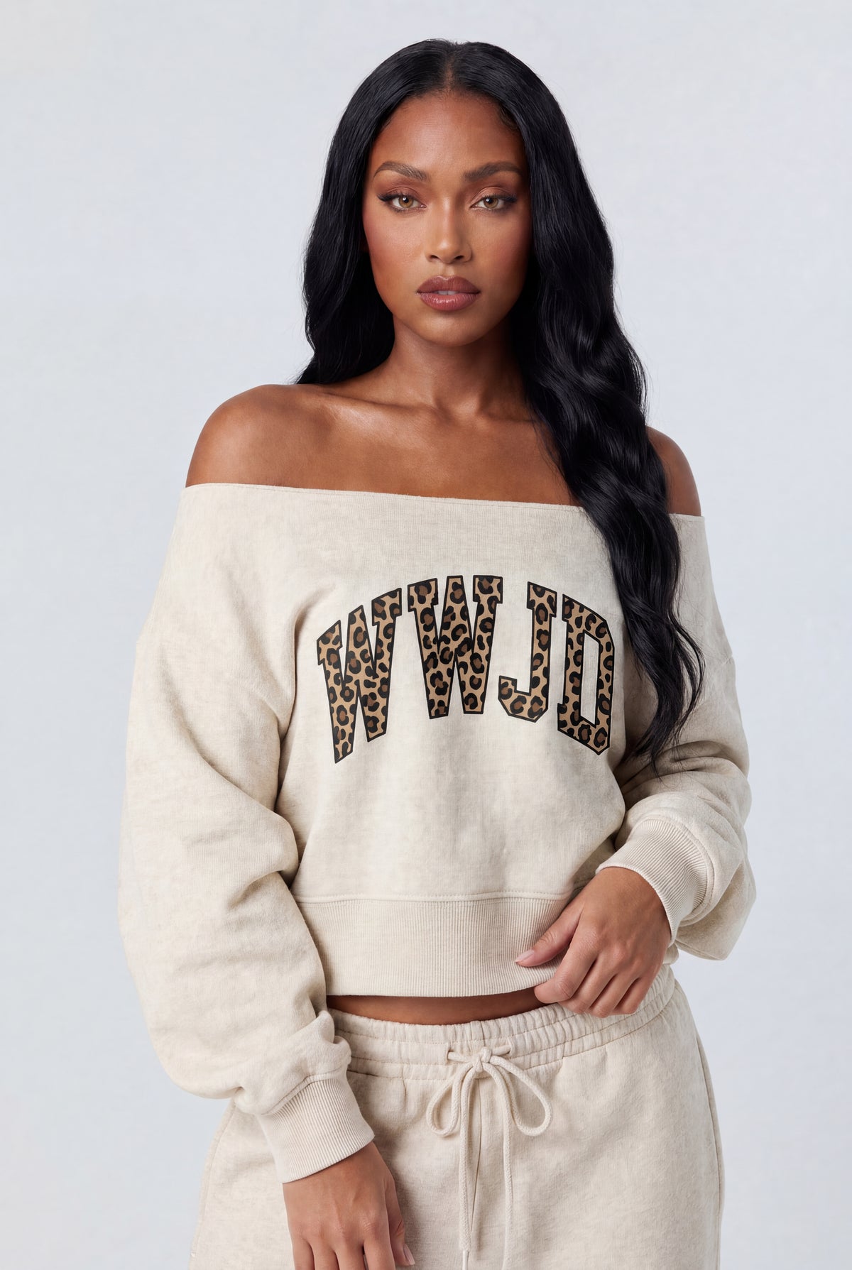 Fleece Graphic Off Shoulder Sweatshirt - Oatmeal