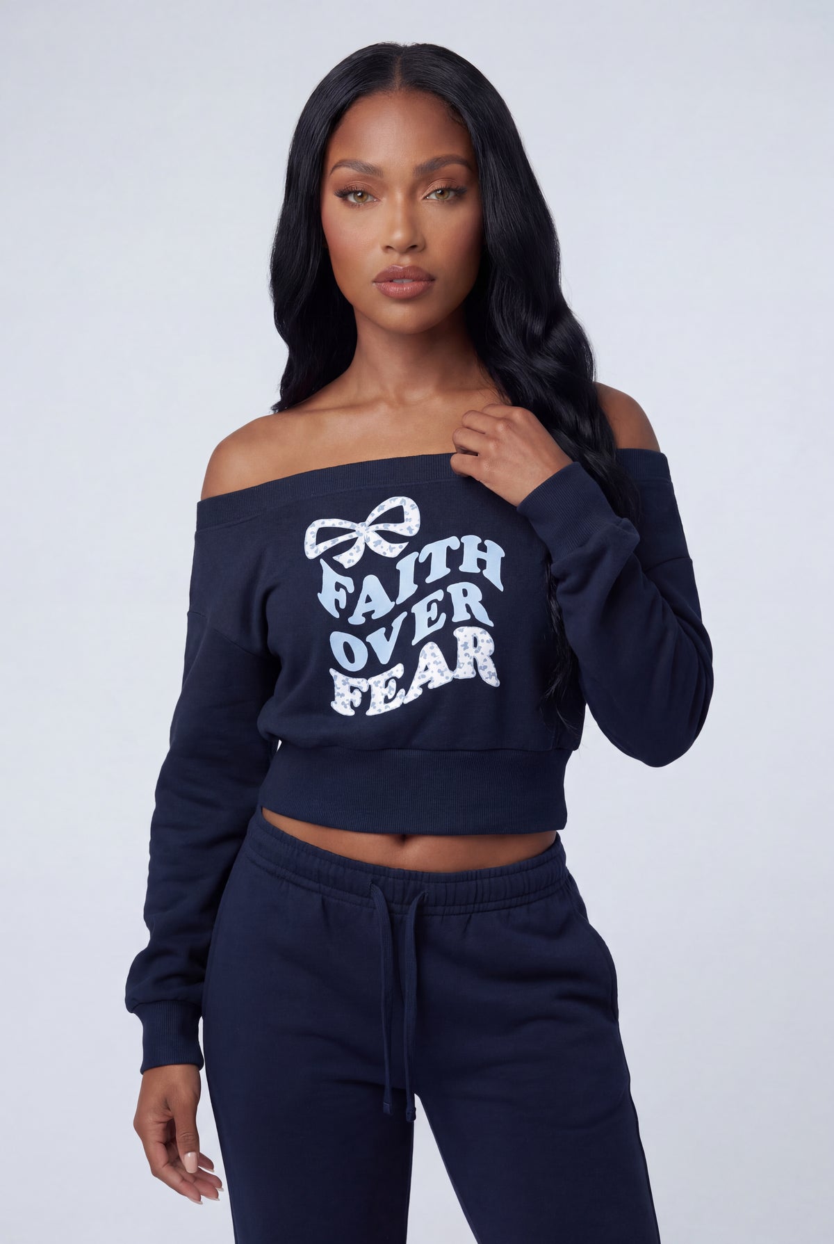 Fleece Graphic Off Shoulder Sweatshirt - Navy