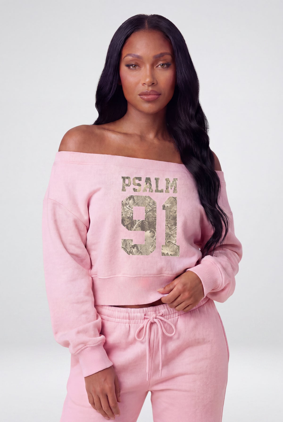 Fleece Graphic Off Shoulder Sweatshirt - Pink